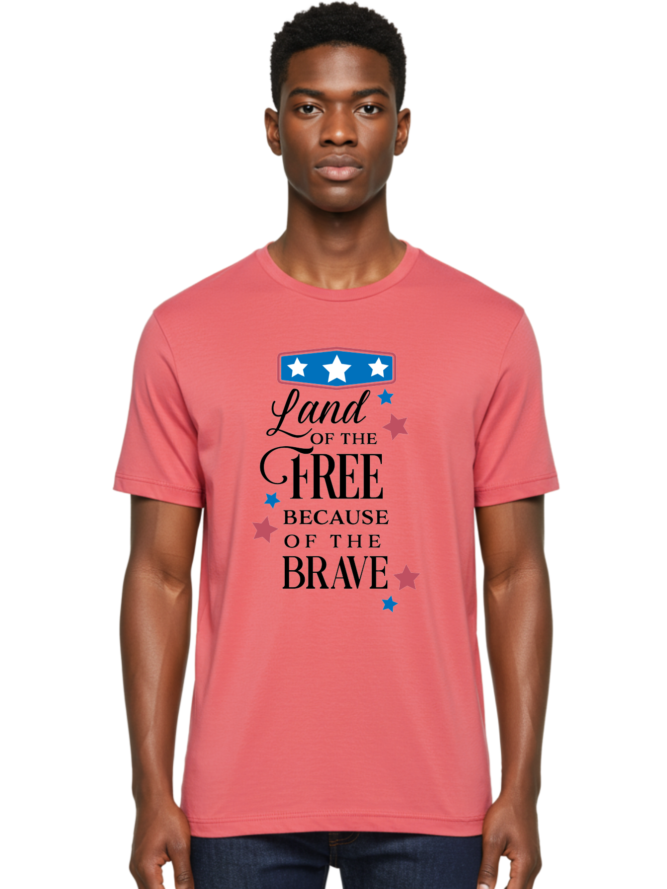 Land-Of-Free-Because-Of-Brave Men'S Graphic Tee, 100% Cotton, Comfortable Casual Summer Wear, Machine Washable, Patriotic Quote, Inspirational Phrase, Red White And Blue Theme, Freedom And Bravery, Stars And Stripes, Usa Pride, Aac924 10