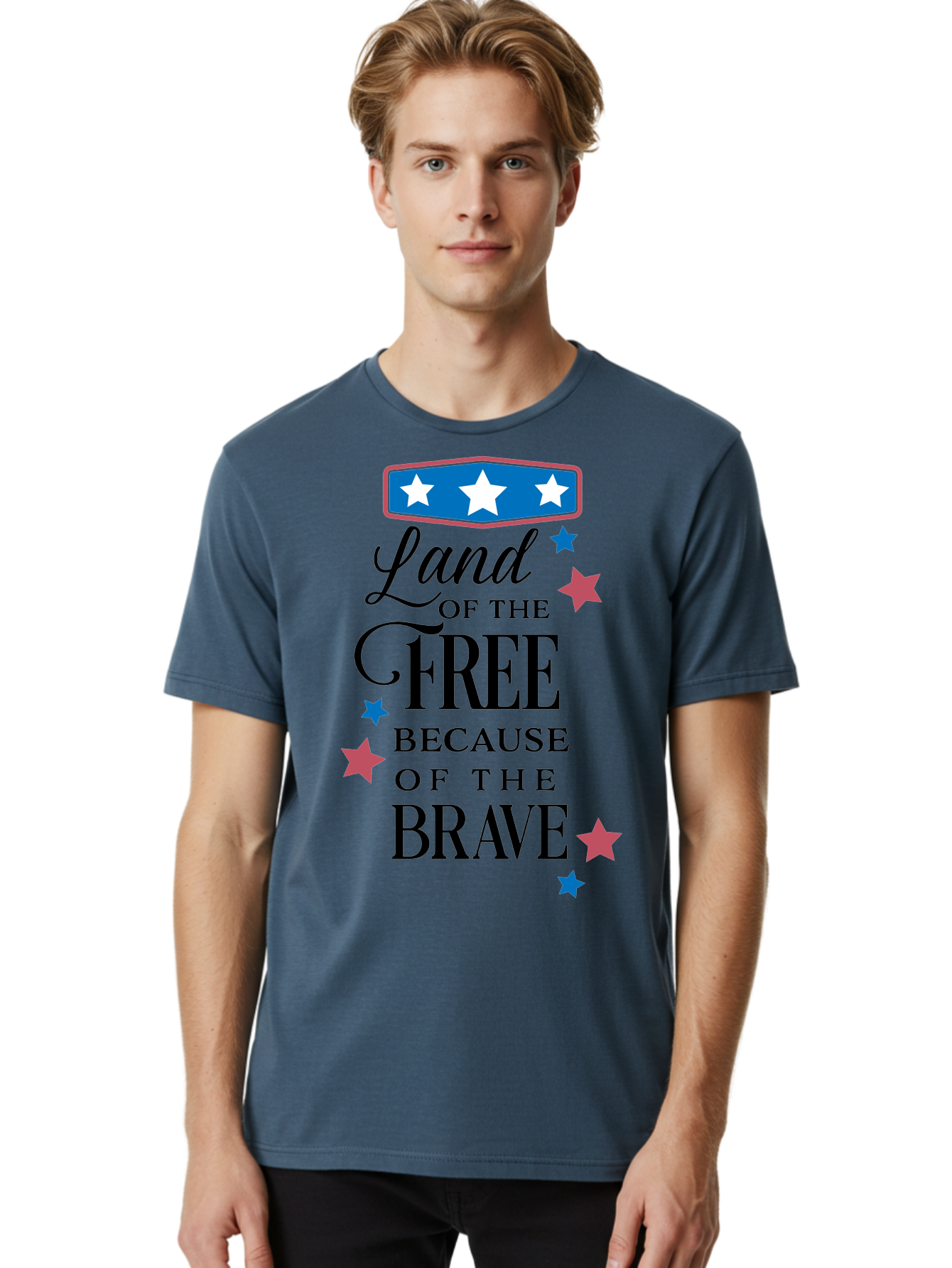 Land-Of-Free-Because-Of-Brave Men'S Graphic Tee, 100% Cotton, Comfortable Casual Summer Wear, Machine Washable, Patriotic Quote, Inspirational Phrase, Red White And Blue Theme, Freedom And Bravery, Stars And Stripes, Usa Pride, Aac924 14