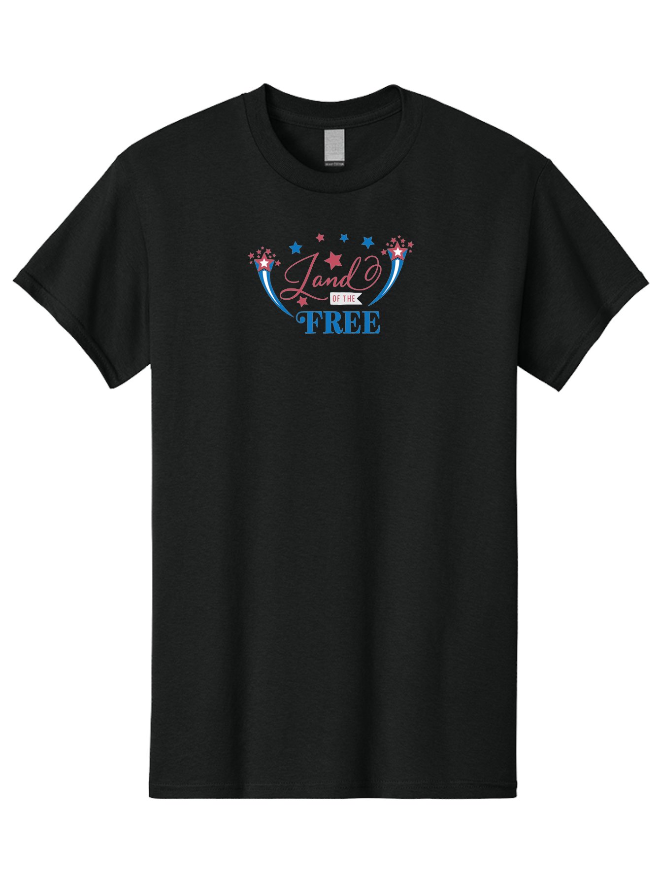 Land-Of-The-Free Men'S Graphic Tee, 100% Cotton, Comfortable Casual Summer Wear, Machine Washable, Patriotic Graphic, Red White And Blue Colors, Starry Design Elements, Freedom Phrase, Liberty Symbol, Cursive Font, Banner Style, Aac925 27