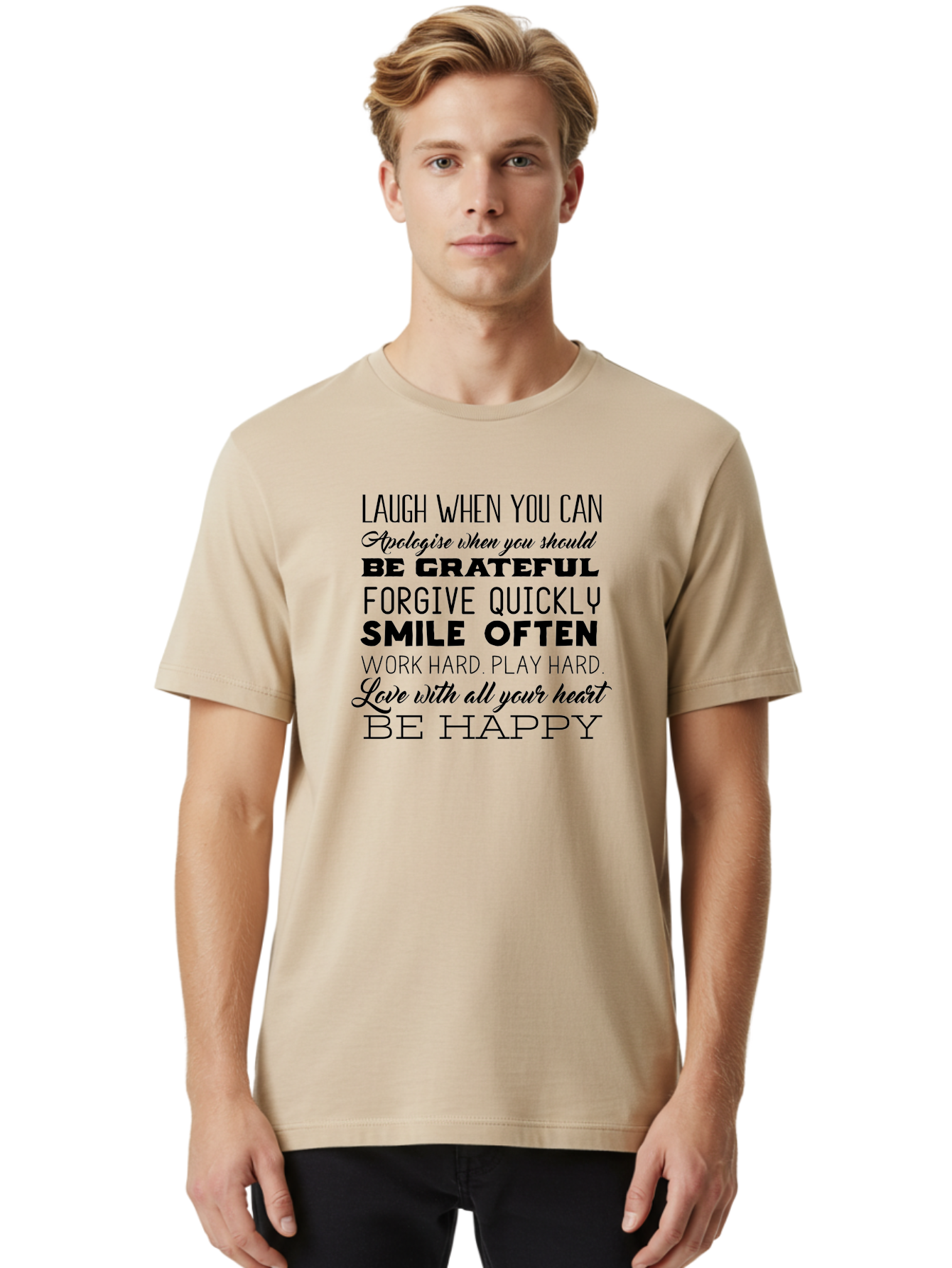 Laugh-When-You-Can Men'S Graphic Tee, 100% Cotton, Comfortable Casual Summer Wear, Machine Washable, Inspirational Quotes, Motivational Messages, Positive Affirmations, Happiness, Gratitude, Forgiveness, Smiling, Hard Work, Love Aac926 14