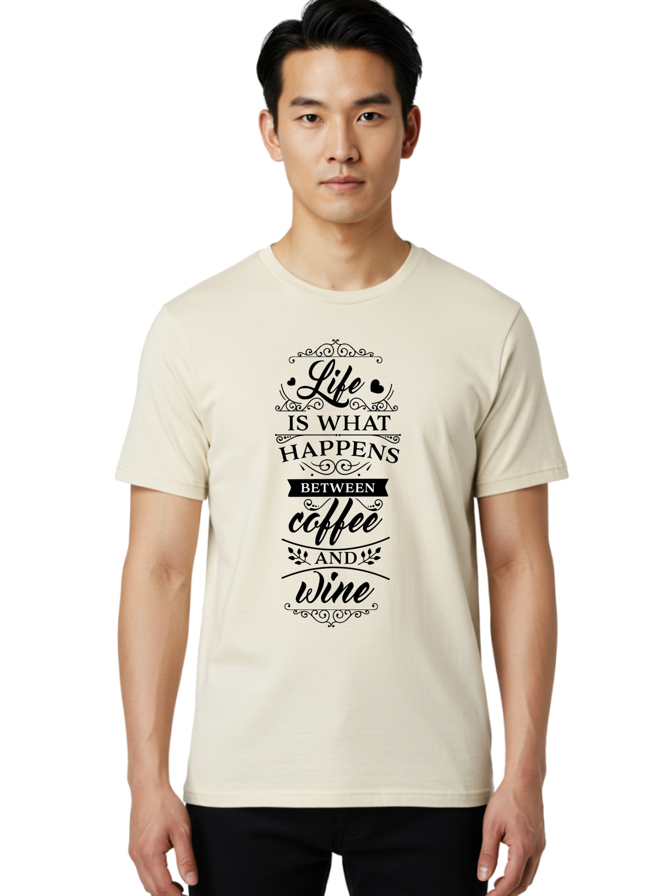 Life-Is-What-Happens-Between-Coffee-And-Wine Men'S Graphic Tee, 100% Cotton, Comfortable Casual Summer Wear, Machine Washable, Coffee And Wine Quote, Life Is What Happens Between Coffee And Wine, Typography Art, Inspirational Quotes, Aac949 8