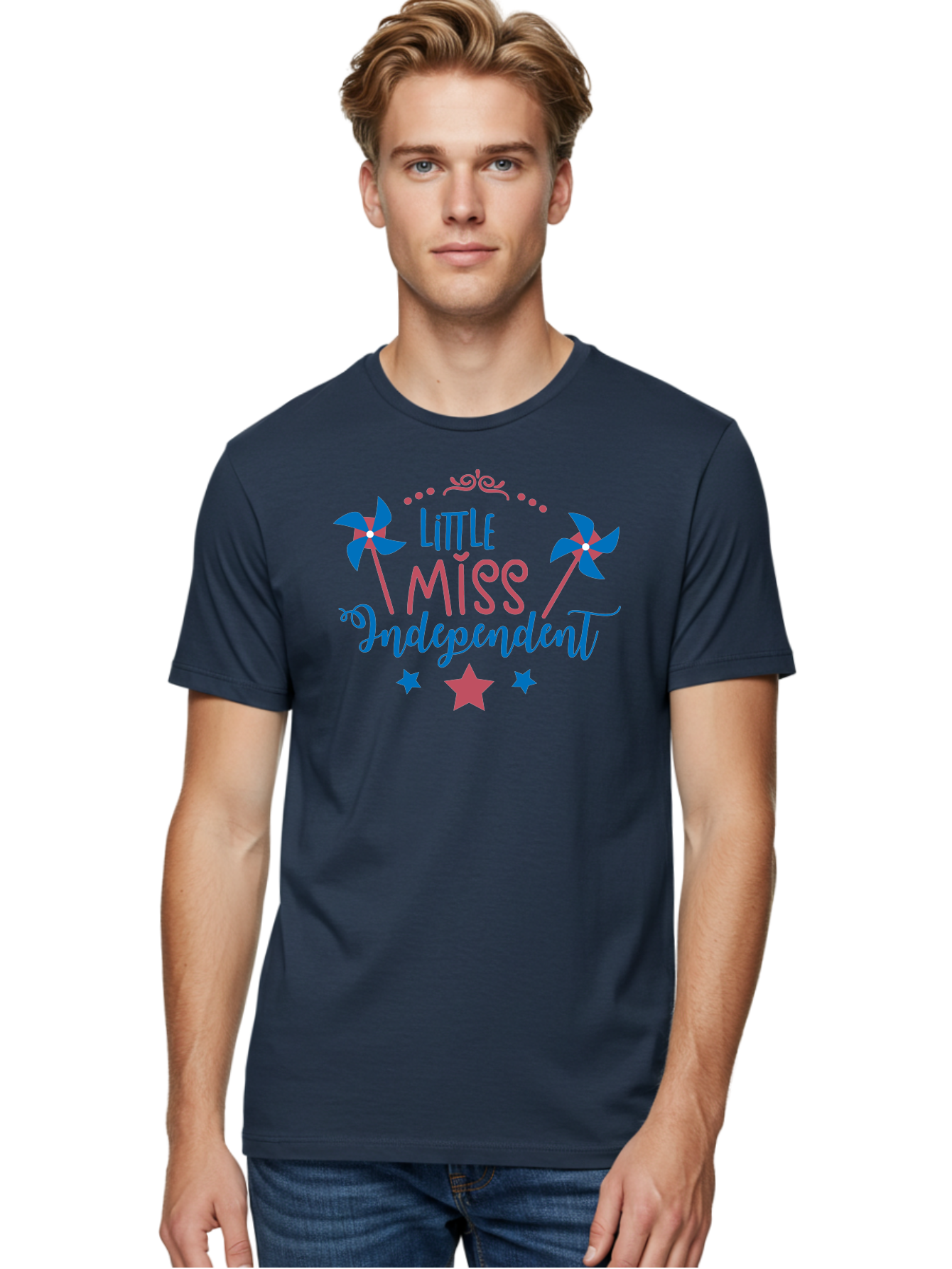 Little-Miss-Independent Men'S Graphic Tee, 100% Cotton, Comfortable Casual Summer Wear, Machine Washable, 4Th Of July, Independence Day, Little Miss Independent, Pinwheels, Stars, Patriotic Theme, Kids Design, Pink And Blue Colors, Aac957 16