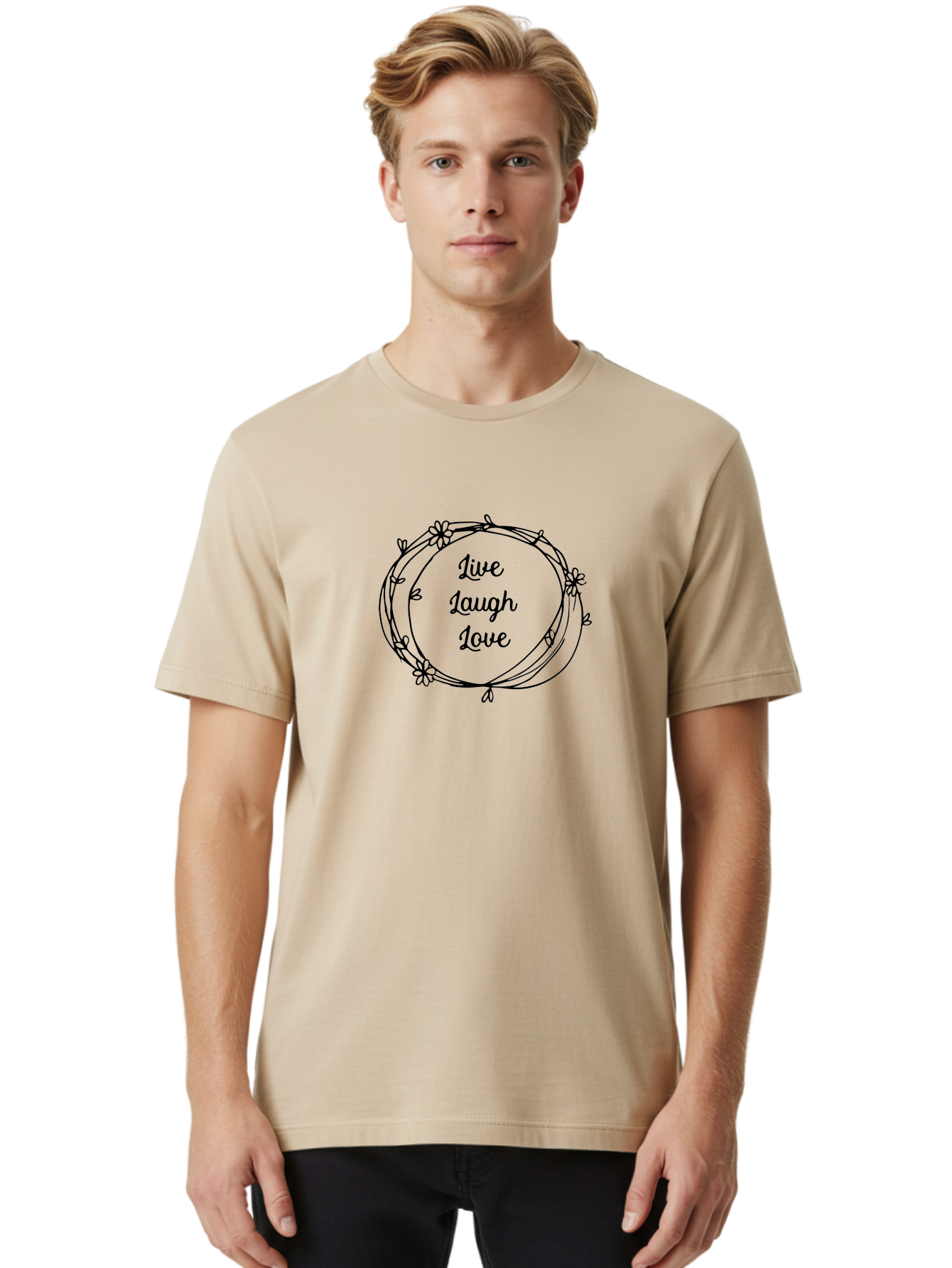 Live-Laugh-Love Men'S Graphic Tee, 100% Cotton, Comfortable Casual Summer Wear, Machine Washable, Inspirational Quote, Motivational Phrase, Floral Wreath, Black Illustration, Live Laugh Love, Positive Vibes, Happiness, Joy, Love, Aac962 28