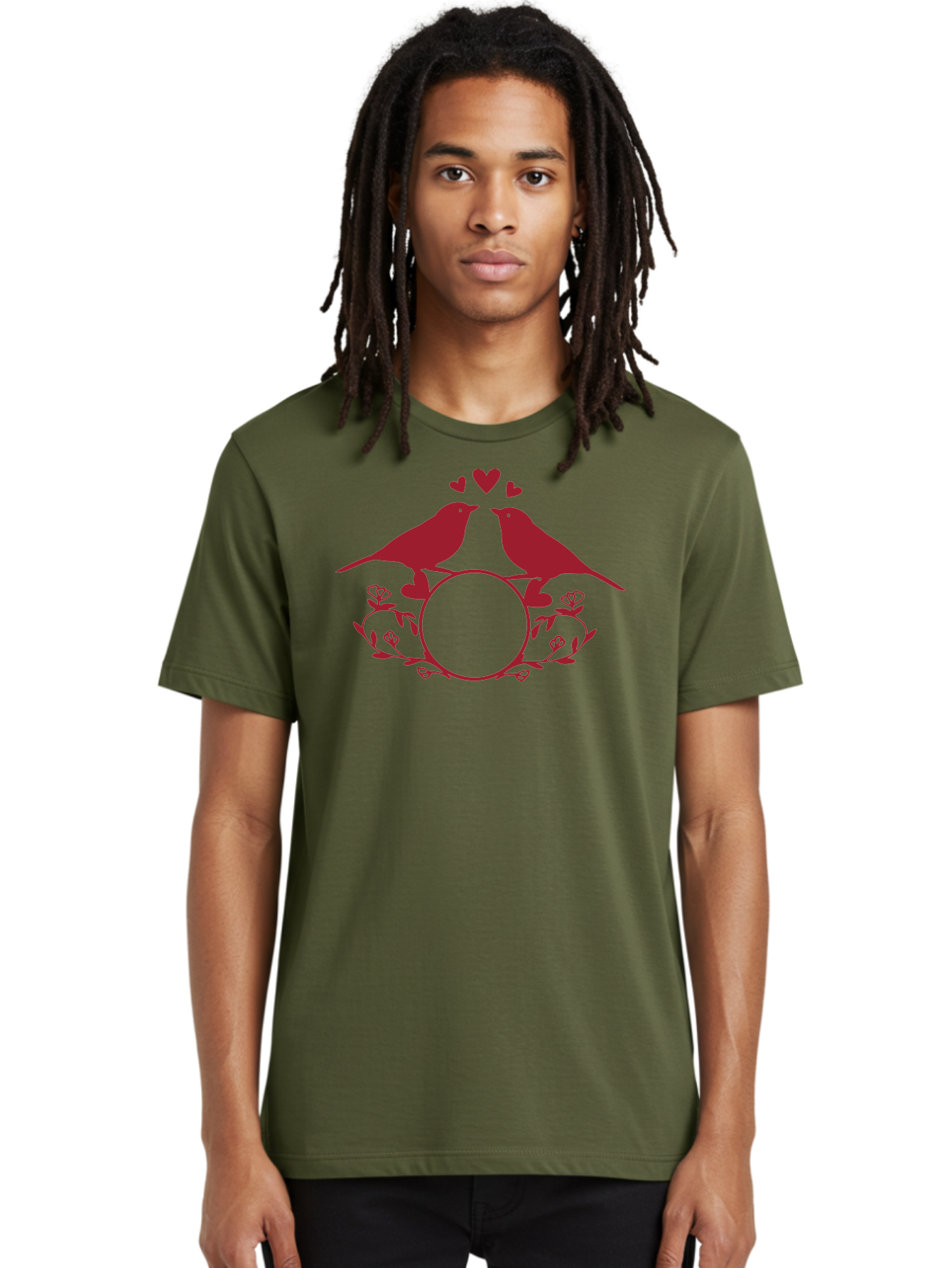 Love-Birds-1 Men'S Graphic Tee, 100% Cotton, Comfortable Casual Summer Wear, Machine Washable, Lovebirds Perched On Branch, Kissing, Surrounded By Hearts, Floral Wreath, Love Symbol, Romance, Tender Moment, Sweethearts, Couple Love Aac971 24