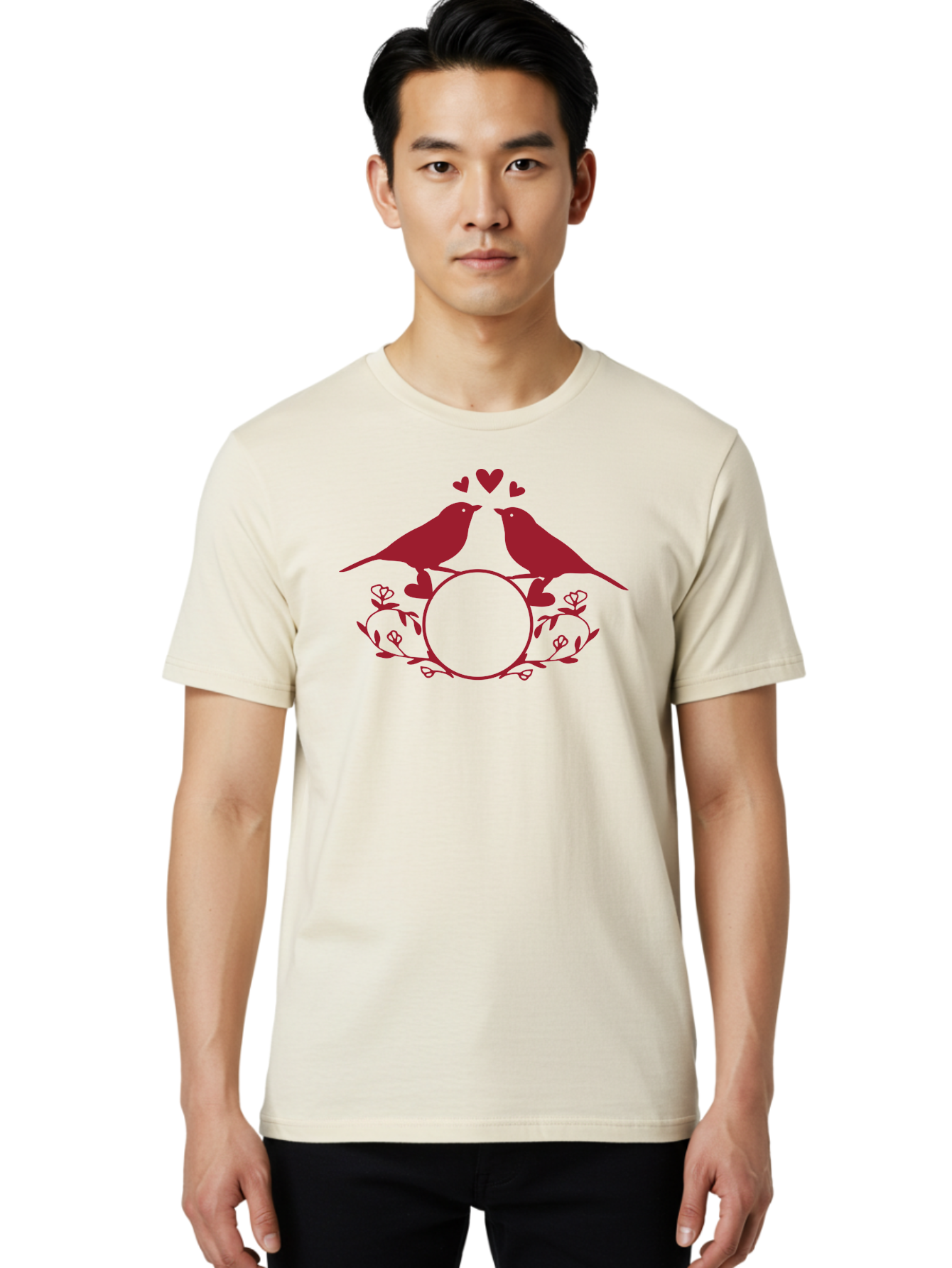 Love-Birds Men'S Graphic Tee, 100% Cotton, Comfortable Casual Summer Wear, Machine Washable, Love Birds Kissing, Heart Shaped Frame, Floral Design, Loving Couple, Romance, Love Birds Together, Tender Moment Aac972 30
