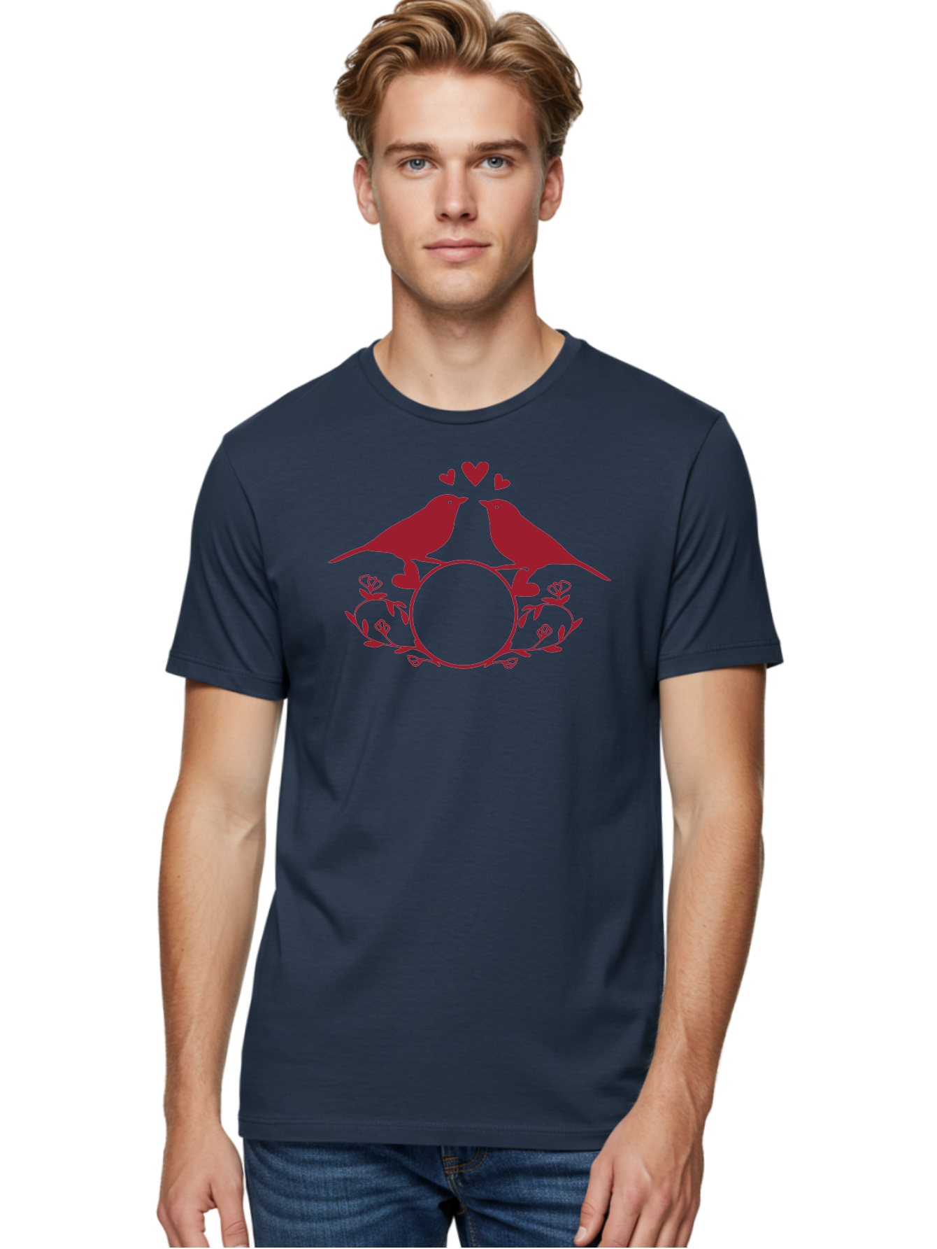 Love-Birds Men'S Graphic Tee, 100% Cotton, Comfortable Casual Summer Wear, Machine Washable, Love Birds Kissing, Heart Shaped Frame, Floral Design, Loving Couple, Romance, Love Birds Together, Tender Moment Aac972 26