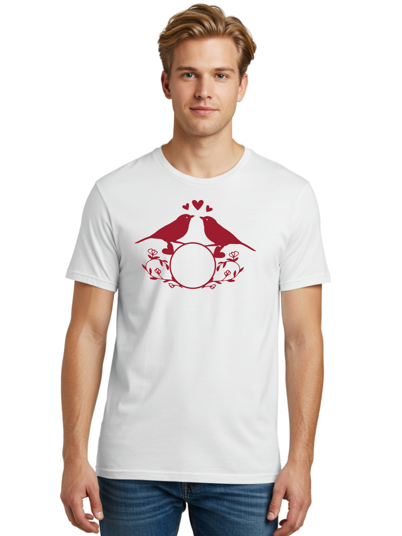 Love-Birds Men'S Graphic Tee, 100% Cotton, Comfortable Casual Summer Wear, Machine Washable, Love Birds Kissing, Heart Shaped Frame, Floral Design, Loving Couple, Romance, Love Birds Together, Tender Moment Aac972 28