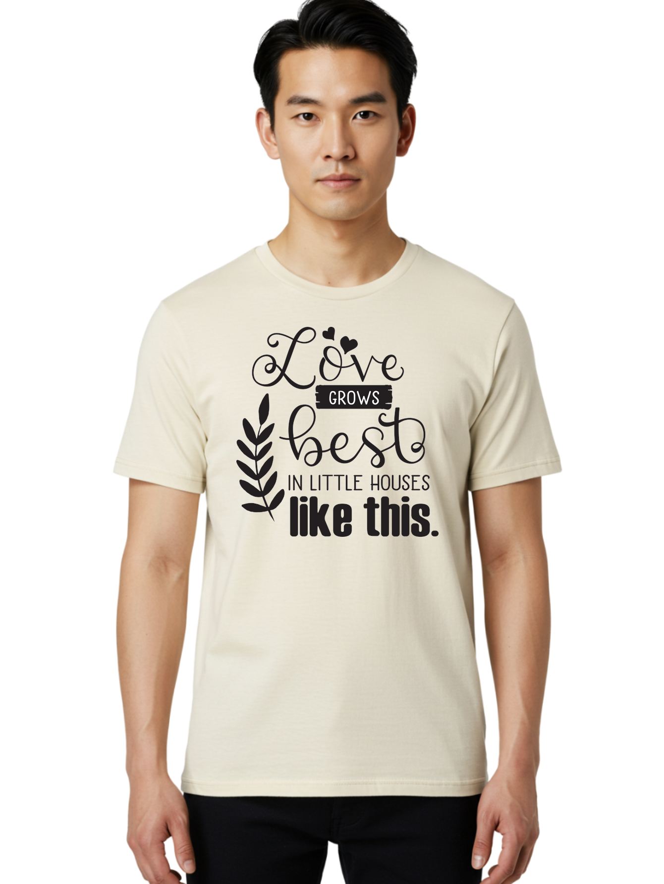 Love-Grows-Best Men'S Graphic Tee, 100% Cotton, Comfortable Casual Summer Wear, Machine Washable, Love Grows Best In Little Houses, Home Decor, Typography Art, Inspirational Quotes, Minimalist Design, Cozy Living, Leaf Motifs Aac973 30