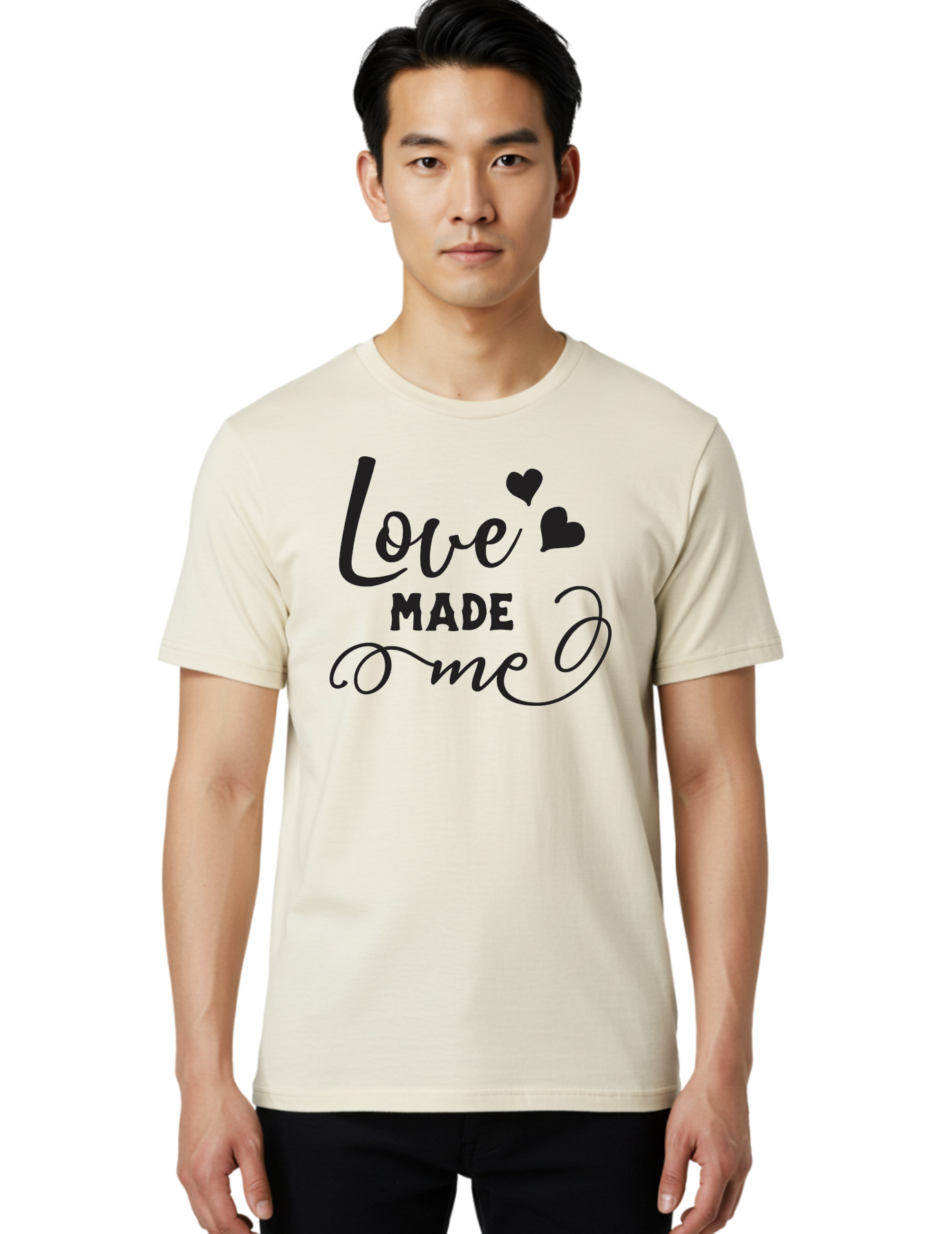 Love-Made-Me Men'S Graphic Tee, 100% Cotton, Comfortable Casual Summer Wear, Machine Washable, Love Quote, Heartwarming Phrase, Love Made Me, Inspirational Text, Black Text, Cursive Font, Heart Symbols, Love Message, Affectionate Words Aac979 22