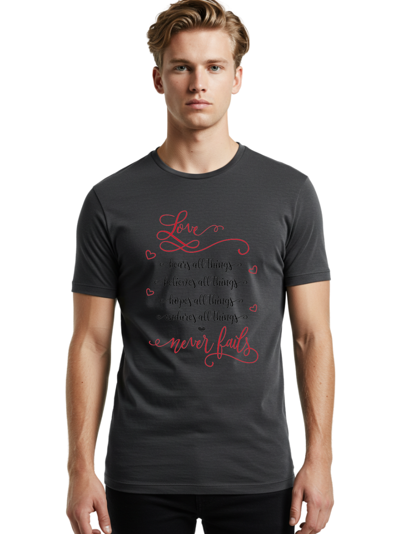 Love-Never-Fails Men'S Graphic Tee, 100% Cotton, Comfortable Casual Summer Wear, Machine Washable, Love Quote, Inspirational Quote, Positive Affirmation, Heartwarming Message, Faith, Hope, Charity, 1 Corinthians 13:8 Aac980 24