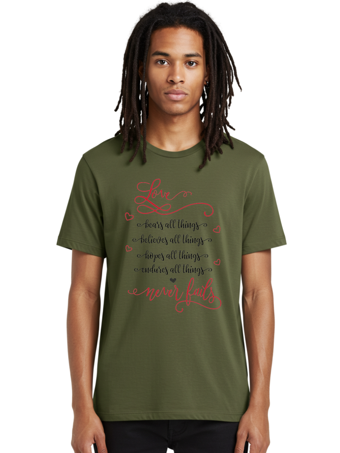 Love-Never-Fails Men'S Graphic Tee, 100% Cotton, Comfortable Casual Summer Wear, Machine Washable, Love Quote, Inspirational Quote, Positive Affirmation, Heartwarming Message, Faith, Hope, Charity, 1 Corinthians 13:8 Aac980 12