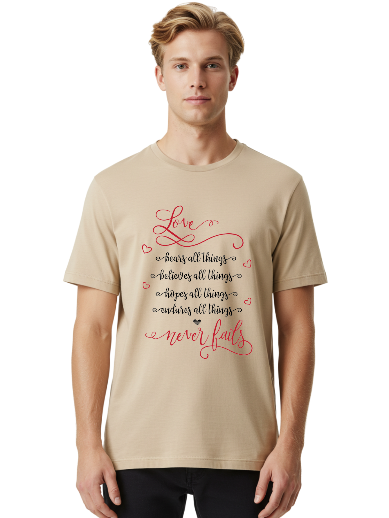 Love-Never-Fails Men'S Graphic Tee, 100% Cotton, Comfortable Casual Summer Wear, Machine Washable, Love Quote, Inspirational Quote, Positive Affirmation, Heartwarming Message, Faith, Hope, Charity, 1 Corinthians 13:8 Aac980 4