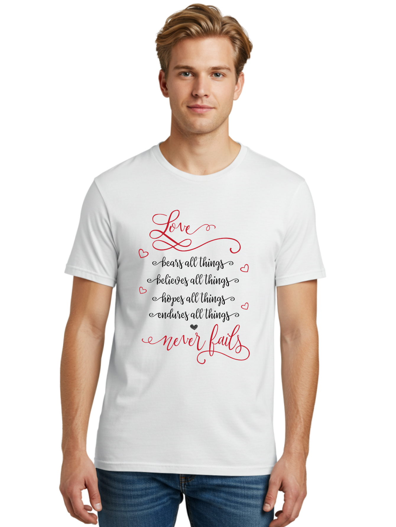 Love-Never-Fails Men'S Graphic Tee, 100% Cotton, Comfortable Casual Summer Wear, Machine Washable, Love Quote, Inspirational Quote, Positive Affirmation, Heartwarming Message, Faith, Hope, Charity, 1 Corinthians 13:8 Aac980 28