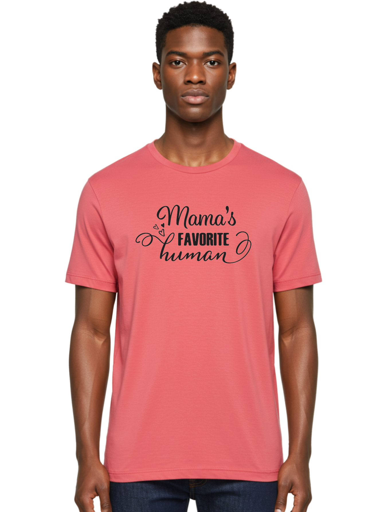 Mama-S-Favorite-Human Men'S Graphic Tee, 100% Cotton, Comfortable Casual Summer Wear, Machine Washable, Mama'S Favorite Human, Heartwarming Phrase, Cursive Font, Decorative Hearts, Favorite Child, Mother'S Love, Family Bonding, Aac993 22