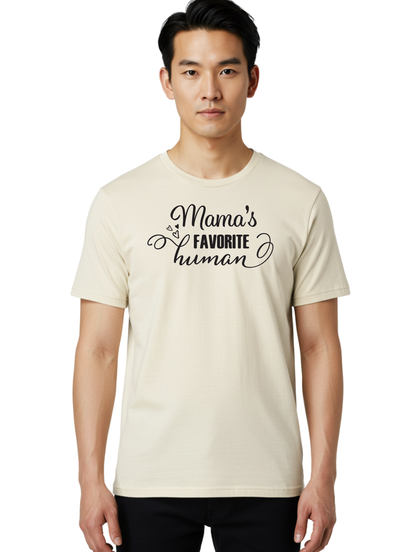 Mama-S-Favorite-Human Men'S Graphic Tee, 100% Cotton, Comfortable Casual Summer Wear, Machine Washable, Mama'S Favorite Human, Heartwarming Phrase, Cursive Font, Decorative Hearts, Favorite Child, Mother'S Love, Family Bonding, Aac993 4