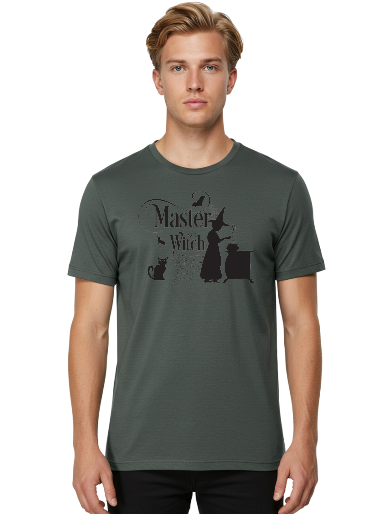 Master-Witch Men'S Graphic Tee, 100% Cotton, Comfortable Casual Summer Wear, Machine Washable, Witch Silhouette, Cauldron, Black Cat, Spider Web, Bats, Mystical Symbols, Witchcraft, Magic, Halloween Theme, Spooky Atmosphere, Mysterious, Aac994 12