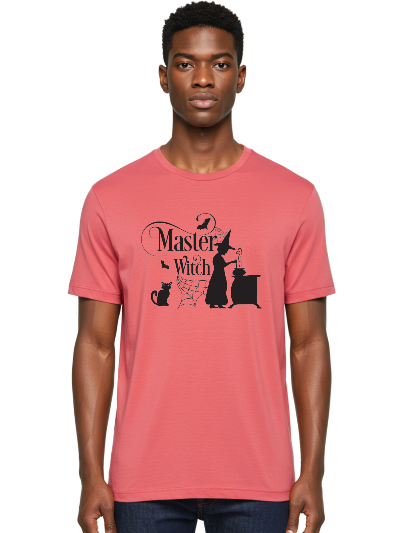 Master-Witch Men'S Graphic Tee, 100% Cotton, Comfortable Casual Summer Wear, Machine Washable, Witch Silhouette, Cauldron, Black Cat, Spider Web, Bats, Mystical Symbols, Witchcraft, Magic, Halloween Theme, Spooky Atmosphere, Mysterious, Aac994 20