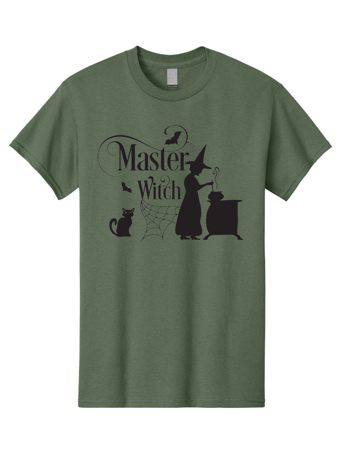 Master-Witch Men'S Graphic Tee, 100% Cotton, Comfortable Casual Summer Wear, Machine Washable, Witch Silhouette, Cauldron, Black Cat, Spider Web, Bats, Mystical Symbols, Witchcraft, Magic, Halloween Theme, Spooky Atmosphere, Mysterious, Aac994 5