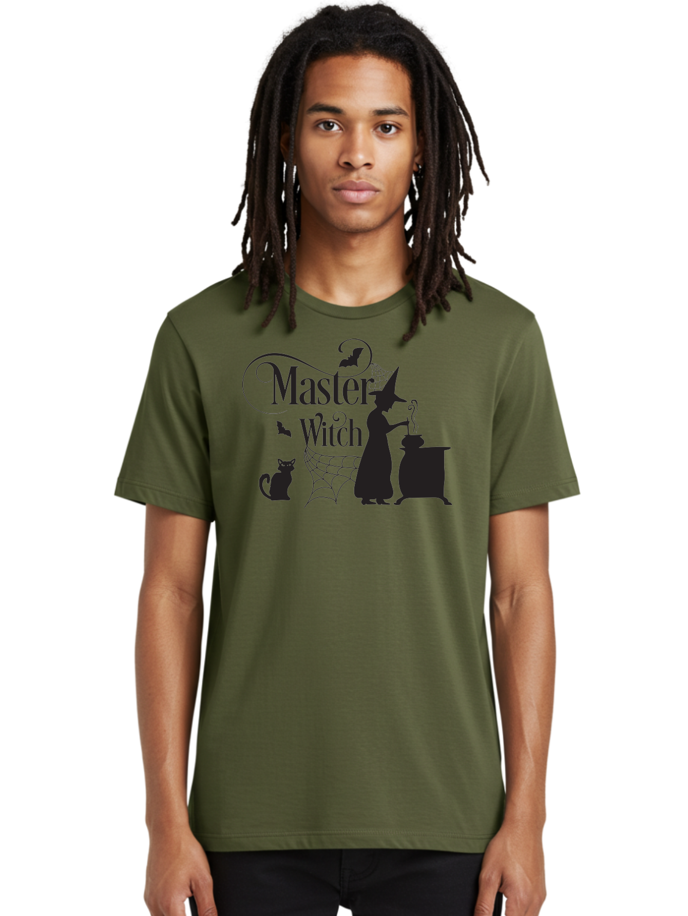 Master-Witch Men'S Graphic Tee, 100% Cotton, Comfortable Casual Summer Wear, Machine Washable, Witch Silhouette, Cauldron, Black Cat, Spider Web, Bats, Mystical Symbols, Witchcraft, Magic, Halloween Theme, Spooky Atmosphere, Mysterious, Aac994 6