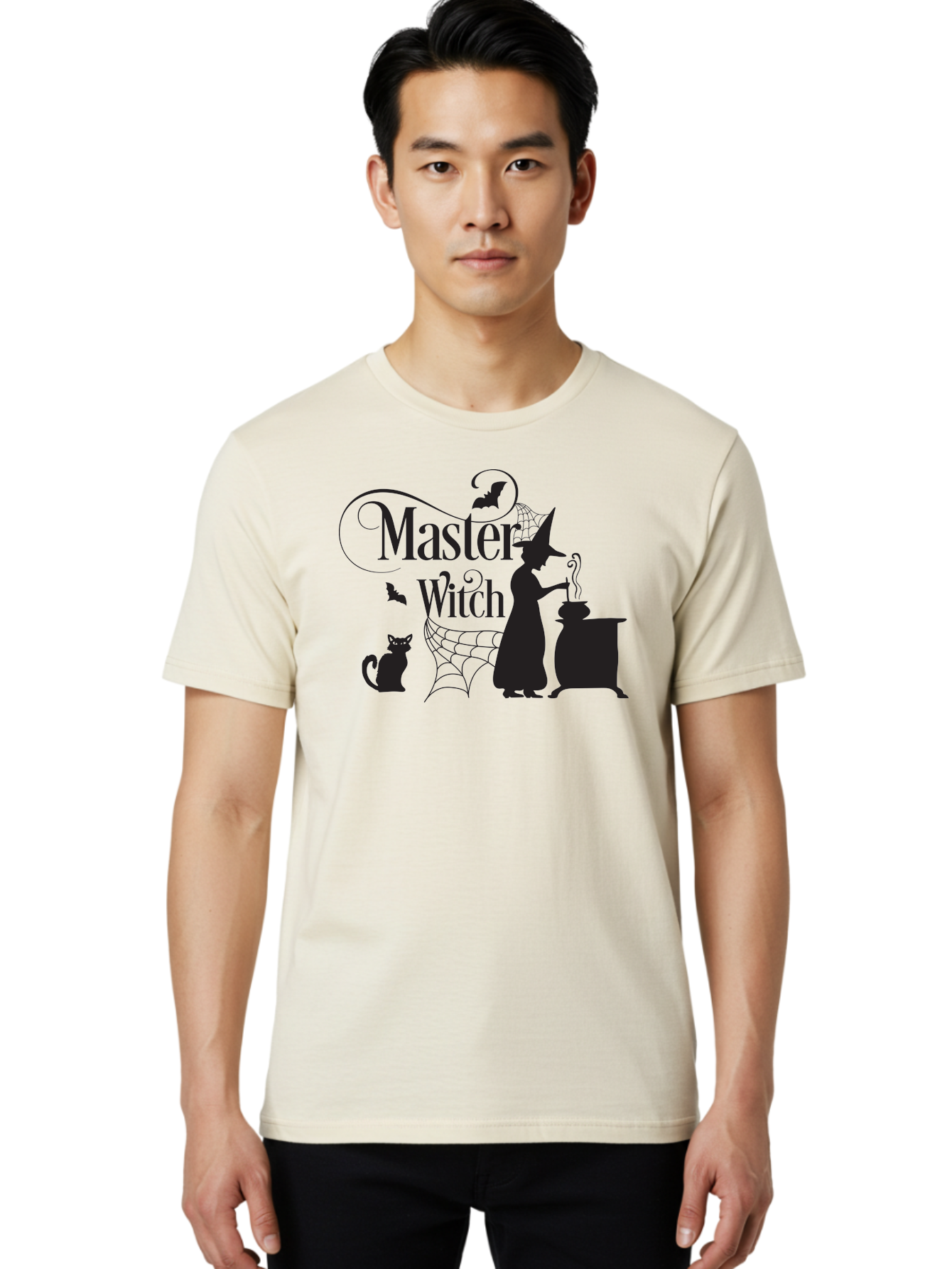 Master-Witch Men'S Graphic Tee, 100% Cotton, Comfortable Casual Summer Wear, Machine Washable, Witch Silhouette, Cauldron, Black Cat, Spider Web, Bats, Mystical Symbols, Witchcraft, Magic, Halloween Theme, Spooky Atmosphere, Mysterious, Aac994 14