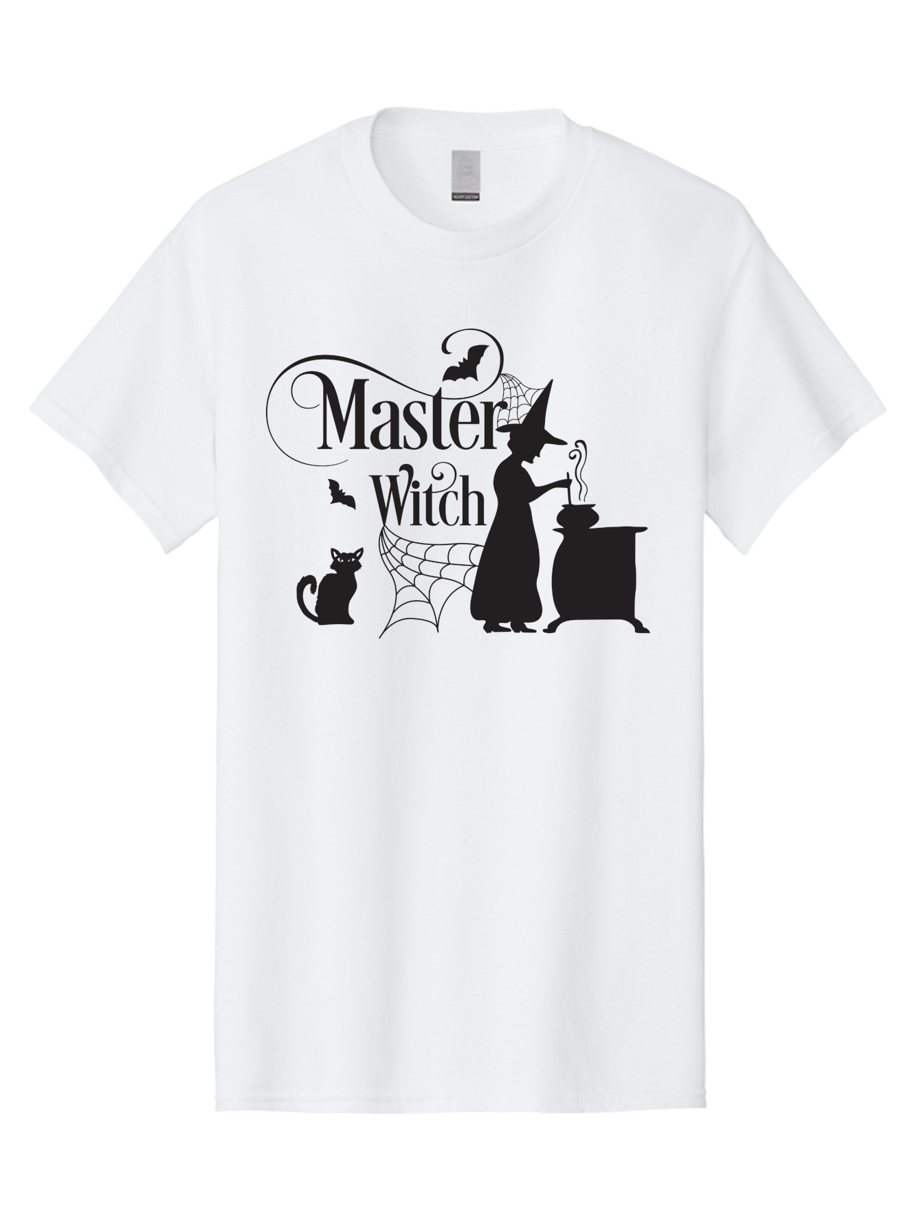 Master-Witch Men'S Graphic Tee, 100% Cotton, Comfortable Casual Summer Wear, Machine Washable, Witch Silhouette, Cauldron, Black Cat, Spider Web, Bats, Mystical Symbols, Witchcraft, Magic, Halloween Theme, Spooky Atmosphere, Mysterious, Aac994 3