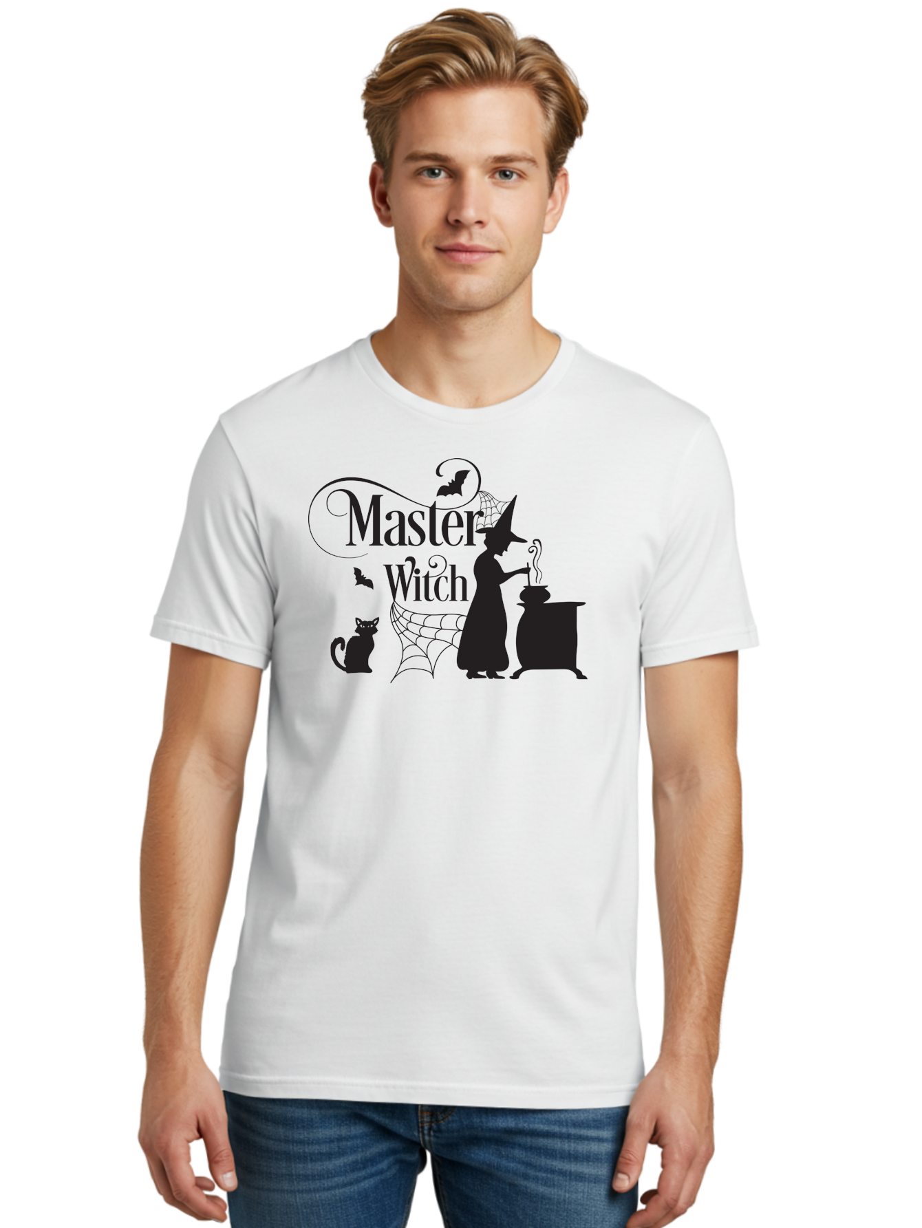 Master-Witch Men'S Graphic Tee, 100% Cotton, Comfortable Casual Summer Wear, Machine Washable, Witch Silhouette, Cauldron, Black Cat, Spider Web, Bats, Mystical Symbols, Witchcraft, Magic, Halloween Theme, Spooky Atmosphere, Mysterious, Aac994 4