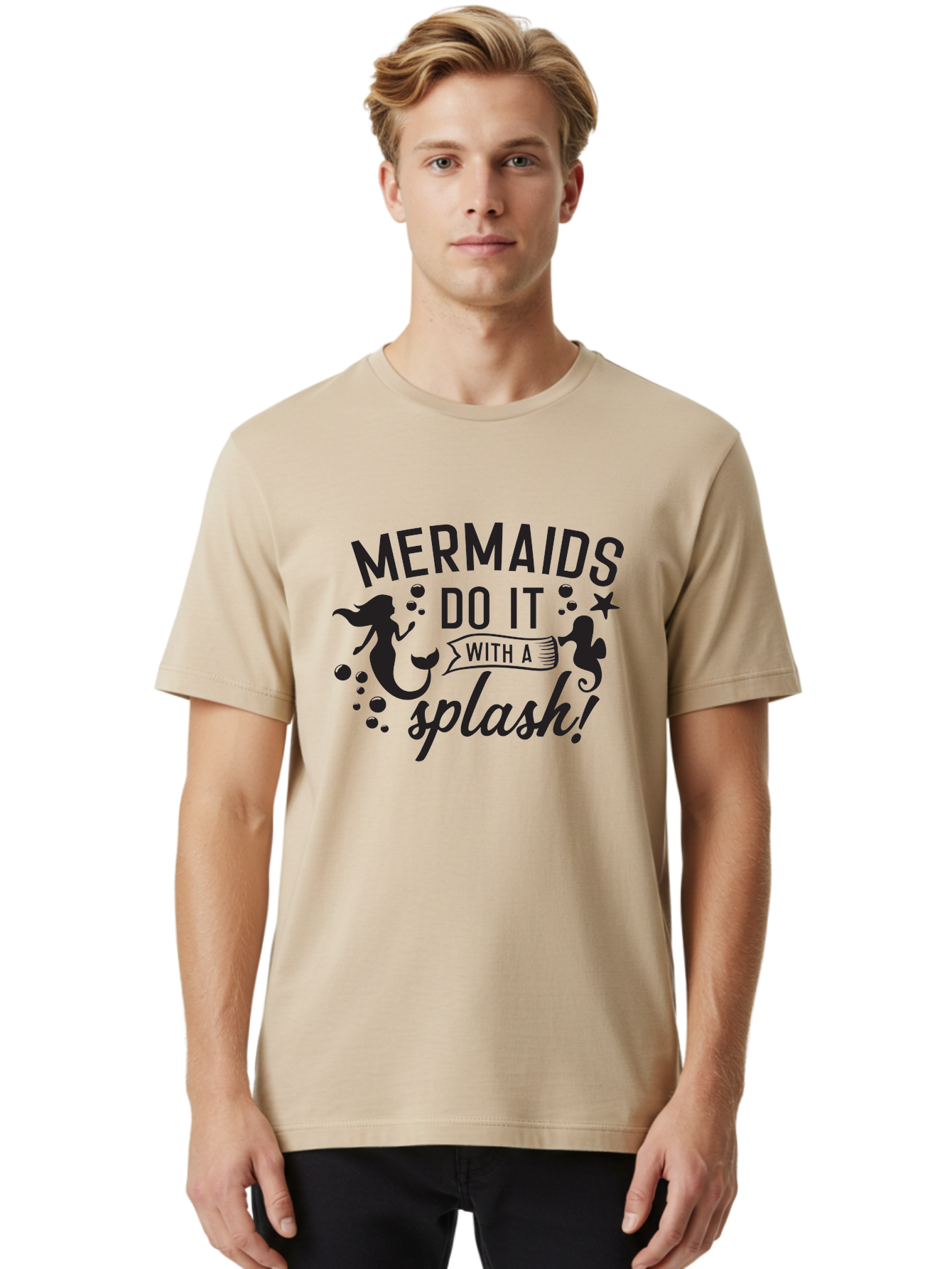 Mermaids-Do-It-With-A-Splash Men'S Graphic Tee, 100% Cotton, Comfortable Casual Summer Wear, Machine Washable, Mermaid Silhouettes, Ocean Creatures, Playful Graphics, Whimsical Design, Underwater Theme, Aquatic Life, Fun Phrases, Aad002 22