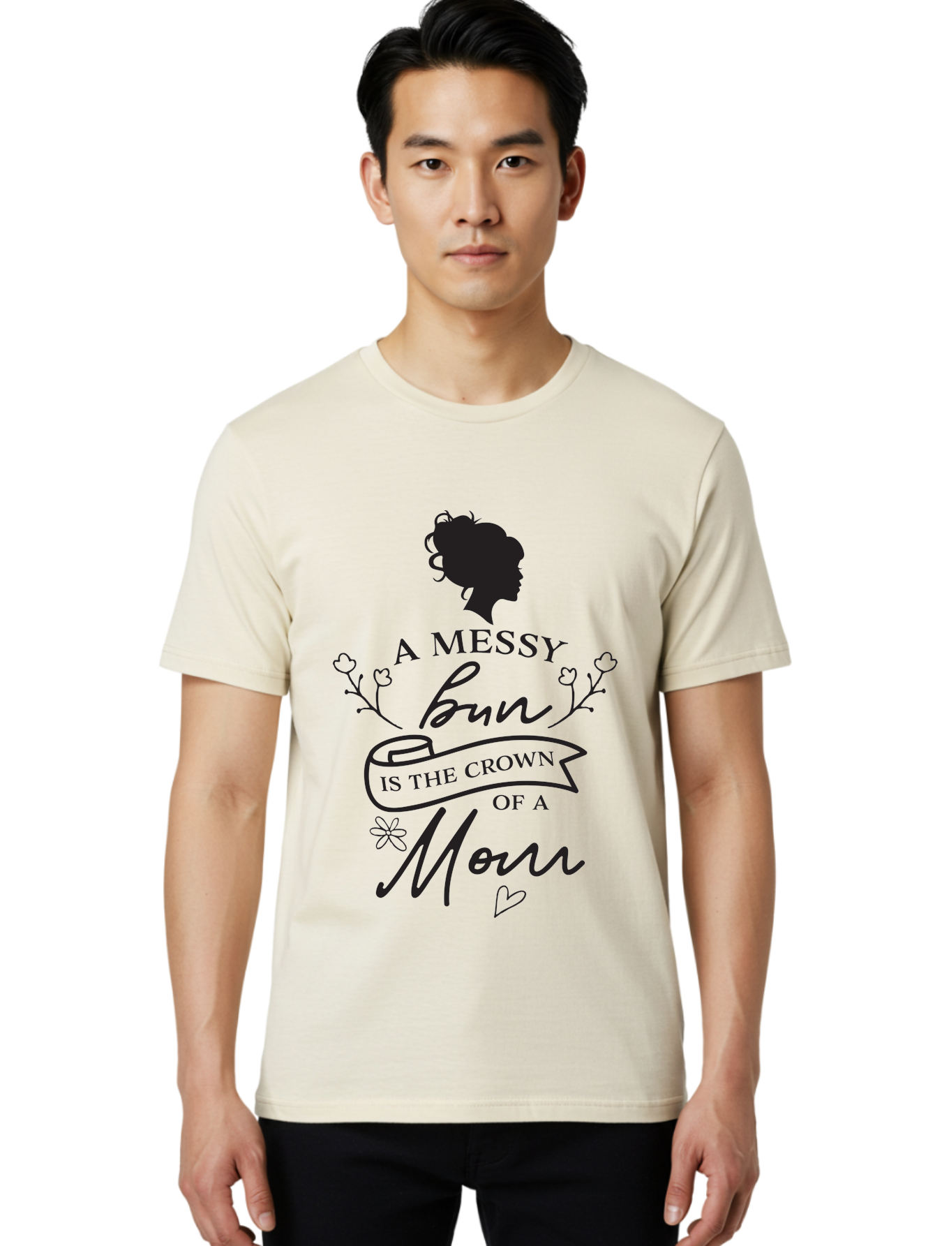 Messy-Bun Men'S Graphic Tee, 100% Cotton, Comfortable Casual Summer Wear, Machine Washable, Messy Bun Hairstyle, Mom Life, Motherhood, Cute Quote, Floral Design, Feminine Charm, Motherly Love, Hair Bun, Inspirational Quote Aad006 20