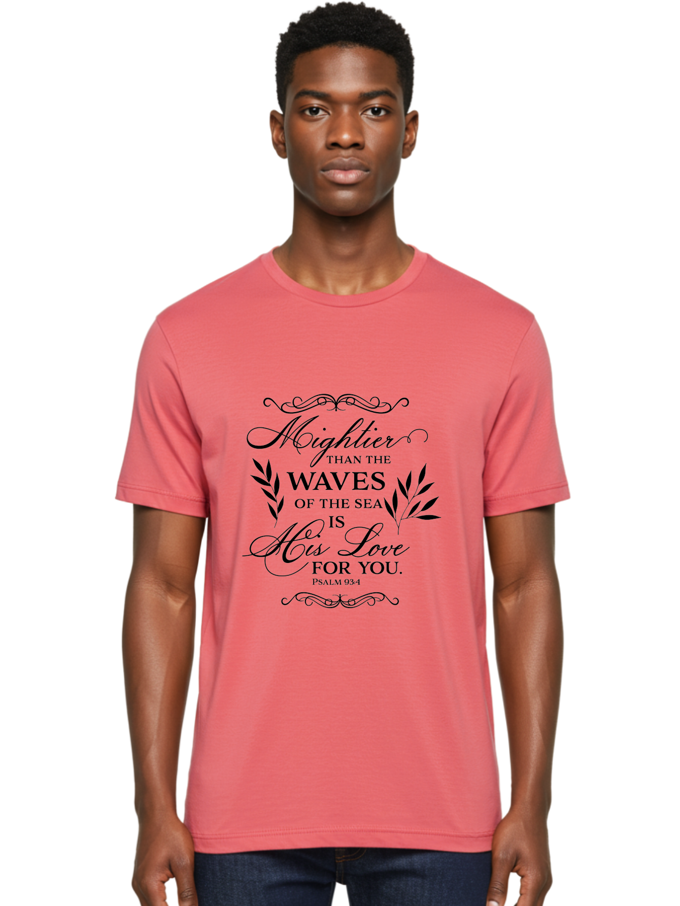 Mightier-Than-The-Waves-Of-The-Sea Men'S Graphic Tee, 100% Cotton, Comfortable Casual Summer Wear, Machine Washable, Inspirational Quote, Psalm 93:4, Bible Verse, Love For You, Waves Of The Sea, Mightier Love, Black Typography, Aad008 14