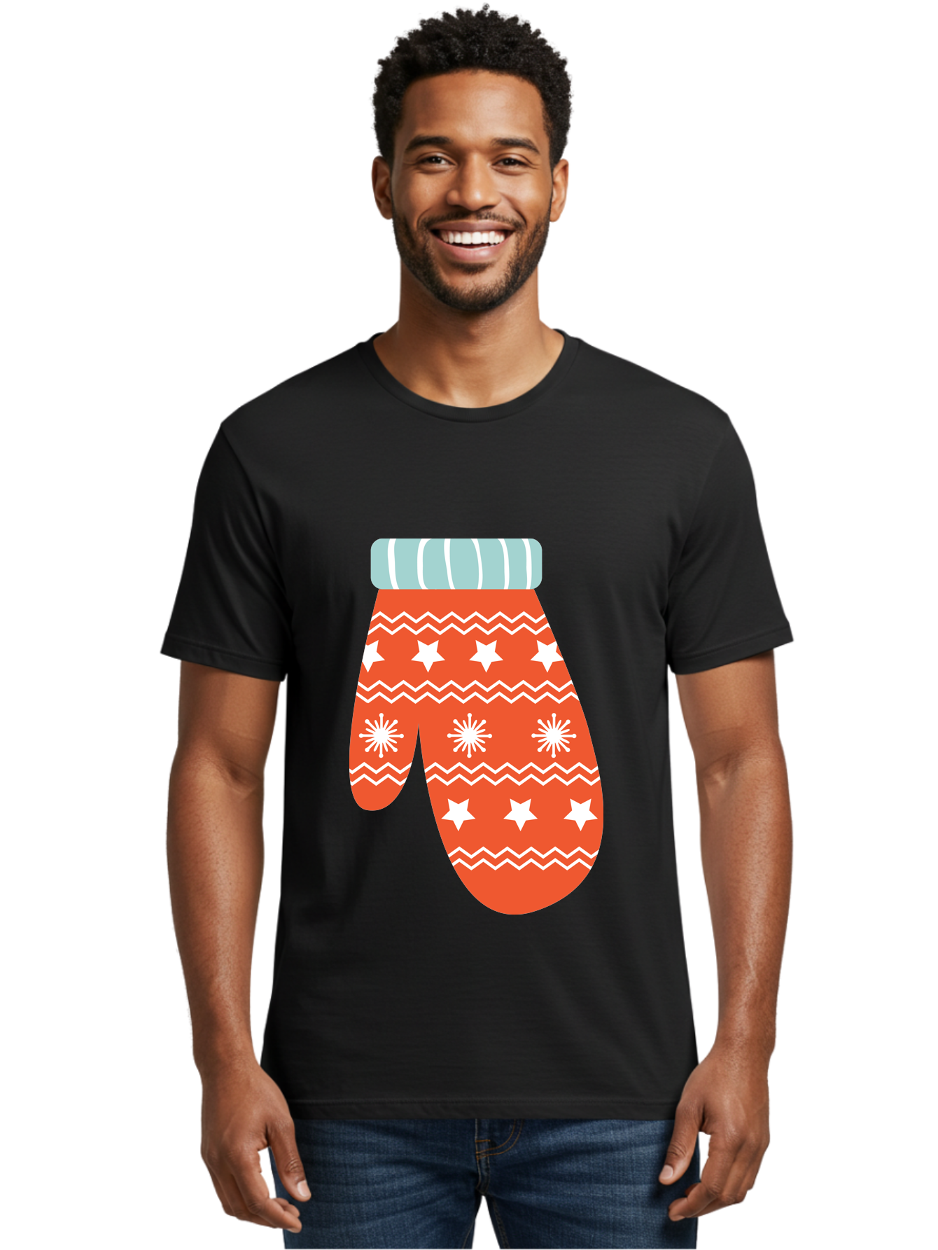 Mitten Men'S Graphic Tee, 100% Cotton, Comfortable Casual Summer Wear, Machine Washable, Red Christmas Mitten, White Snowflakes, White Stars, Zigzag Pattern, Winter Clothing, Holiday Accessories, Festive Design, Cold Weather Gear, Aad009 10