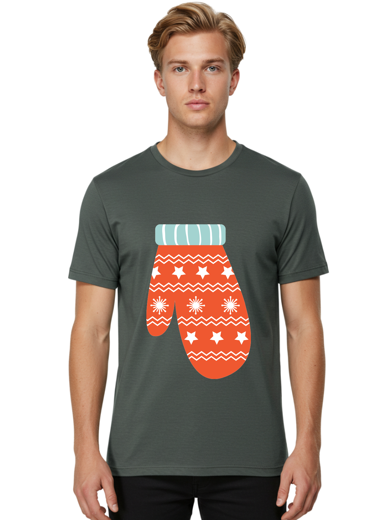 Mitten Men'S Graphic Tee, 100% Cotton, Comfortable Casual Summer Wear, Machine Washable, Red Christmas Mitten, White Snowflakes, White Stars, Zigzag Pattern, Winter Clothing, Holiday Accessories, Festive Design, Cold Weather Gear, Aad009 8