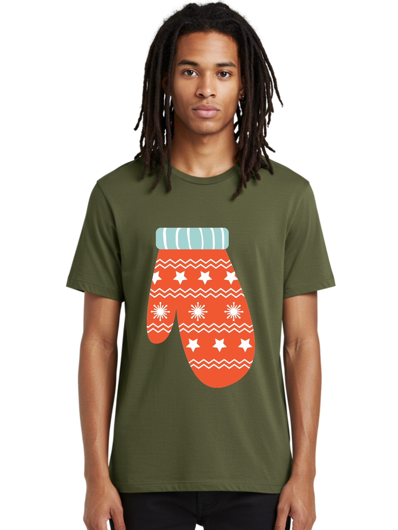 Mitten Men'S Graphic Tee, 100% Cotton, Comfortable Casual Summer Wear, Machine Washable, Red Christmas Mitten, White Snowflakes, White Stars, Zigzag Pattern, Winter Clothing, Holiday Accessories, Festive Design, Cold Weather Gear, Aad009 4