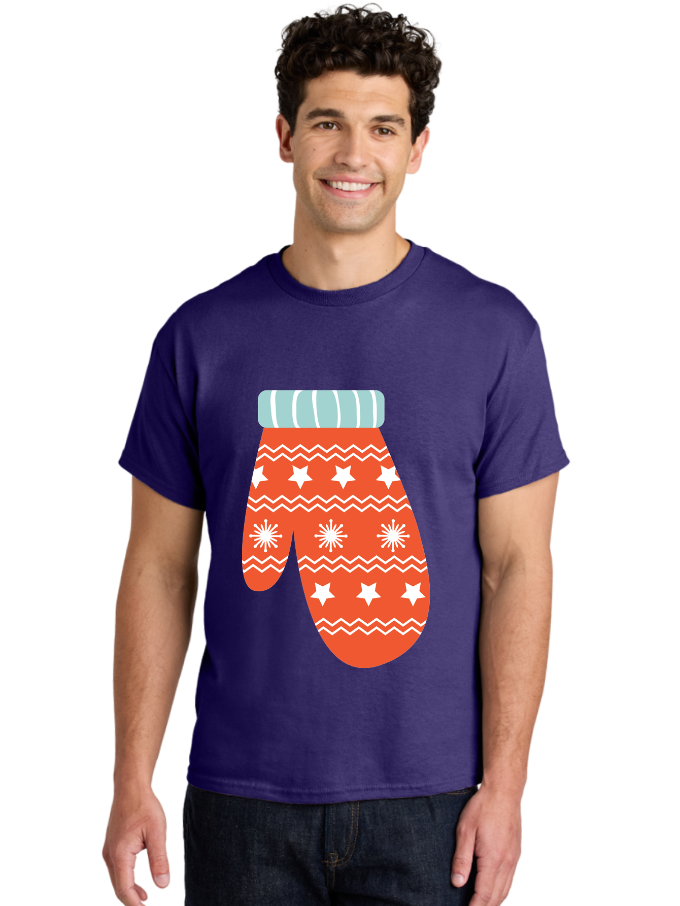 Mitten Men'S Graphic Tee, 100% Cotton, Comfortable Casual Summer Wear, Machine Washable, Red Christmas Mitten, White Snowflakes, White Stars, Zigzag Pattern, Winter Clothing, Holiday Accessories, Festive Design, Cold Weather Gear, Aad009 28