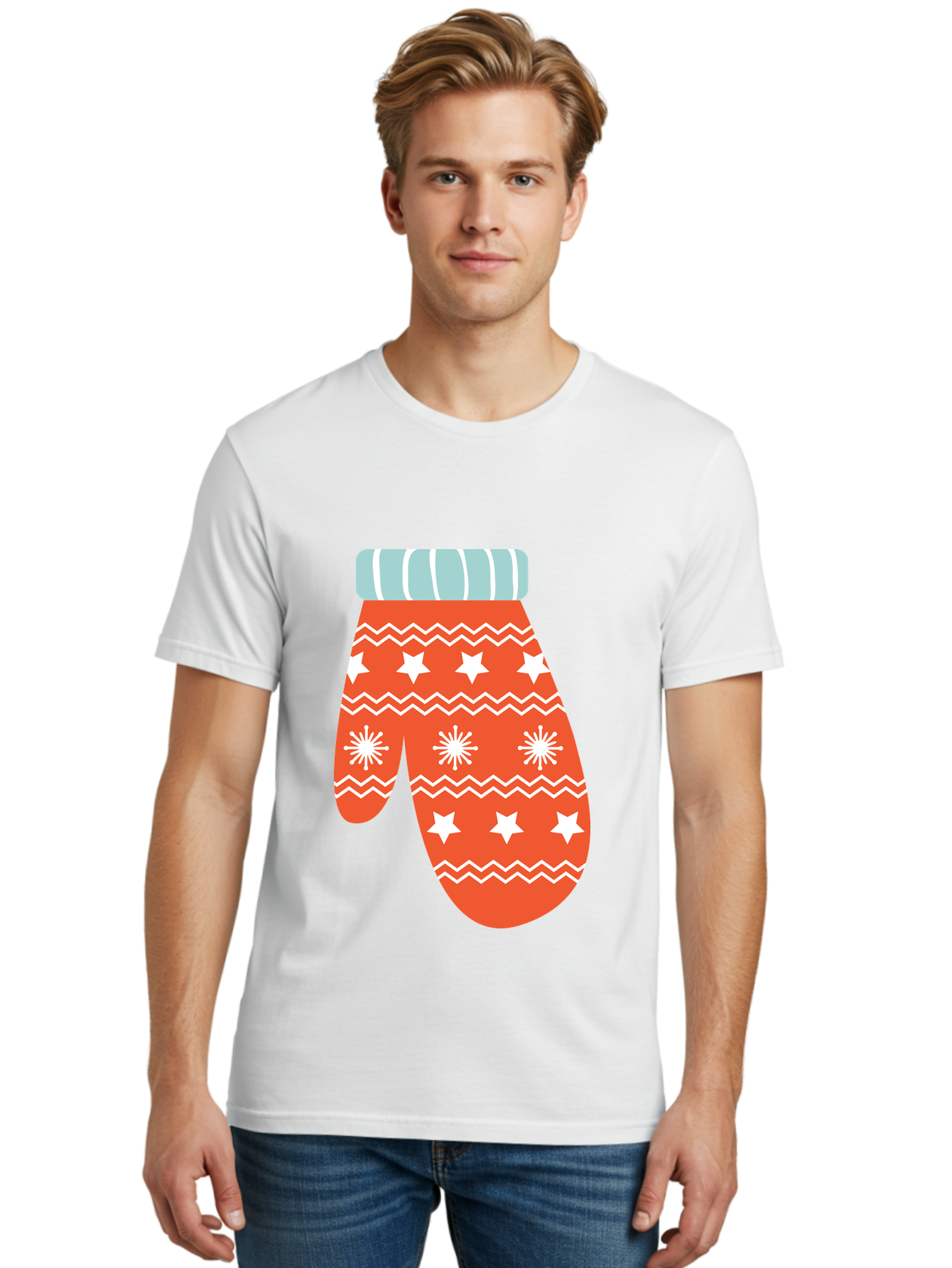 Mitten Men'S Graphic Tee, 100% Cotton, Comfortable Casual Summer Wear, Machine Washable, Red Christmas Mitten, White Snowflakes, White Stars, Zigzag Pattern, Winter Clothing, Holiday Accessories, Festive Design, Cold Weather Gear, Aad009 12