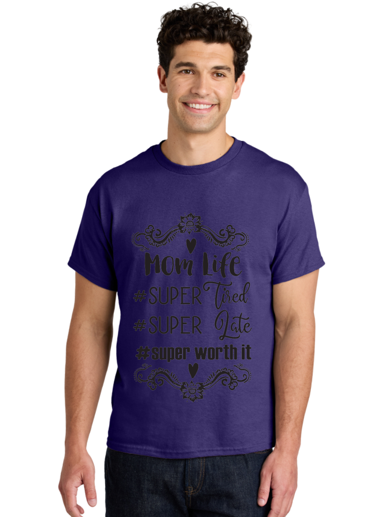 Mom-Life Men'S Graphic Tee, 100% Cotton, Comfortable Casual Summer Wear, Machine Washable, Mom Life, Motherhood, Parenting, Parenting Quote, Super Tired, Super Late, Super Worth It, Motherhood Journey, Mom Quote, Parenting Life Aad013 22