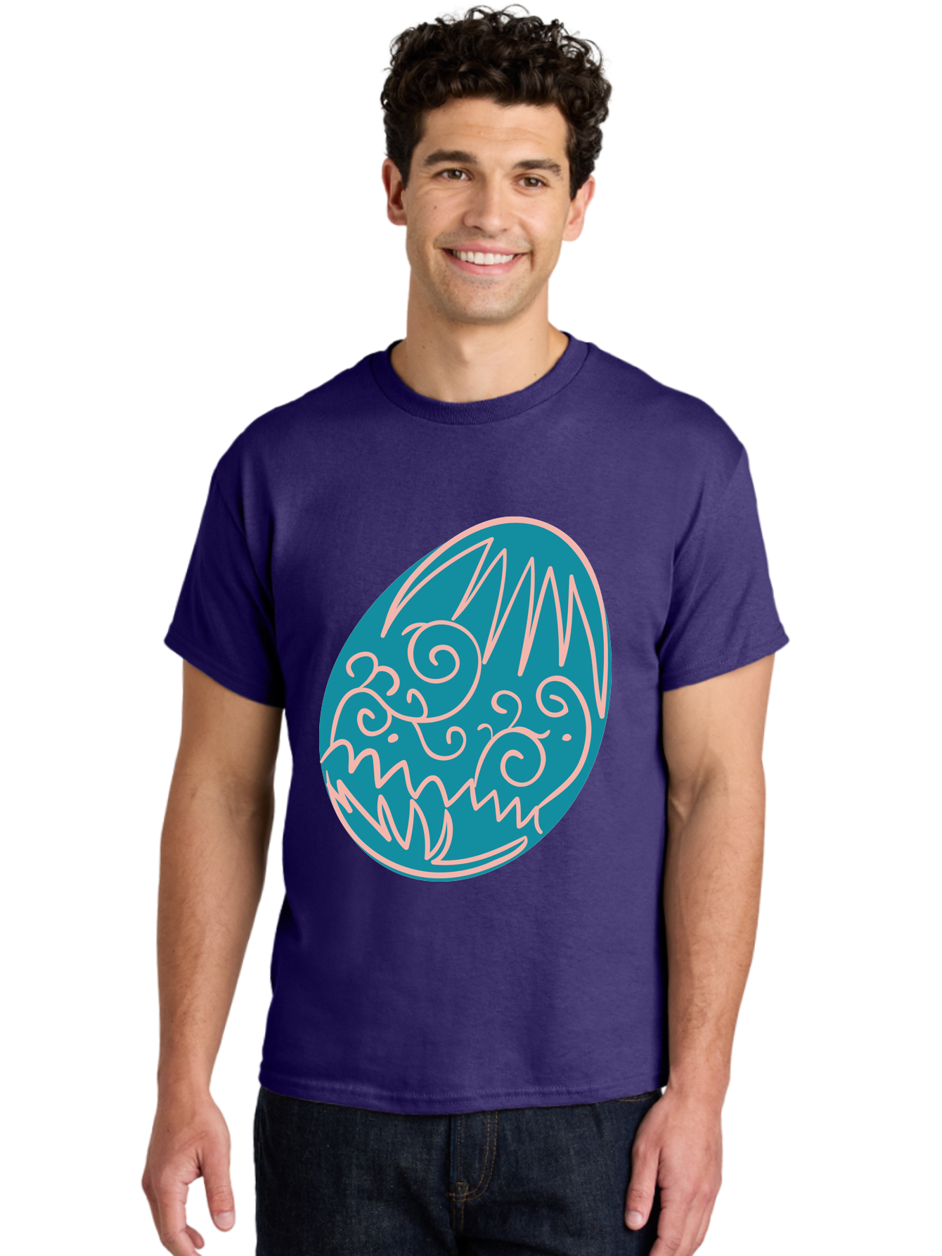 Monster-Egg Men'S Graphic Tee, 100% Cotton, Comfortable Casual Summer Wear, Machine Washable, Monster Face, Easter Egg, Blue Egg, White Outline, Playful Design, Cartoon Style, Abstract Art, Creative Illustration, Fantasy Creature, Aad020 18