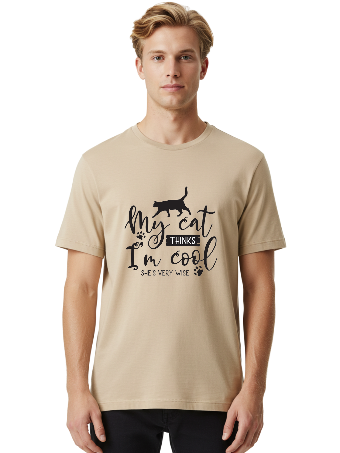 My-Cat-Thinks-I-M-Cool Men'S Graphic Tee, 100% Cotton, Comfortable Casual Summer Wear, Machine Washable, Funny Cat Quote, Cat Lovers Gift, Cool Cat Design, Feline Humor, Witty Saying, Cat Paw Prints, Clever Typography, Cat Silhouette Aad035 22