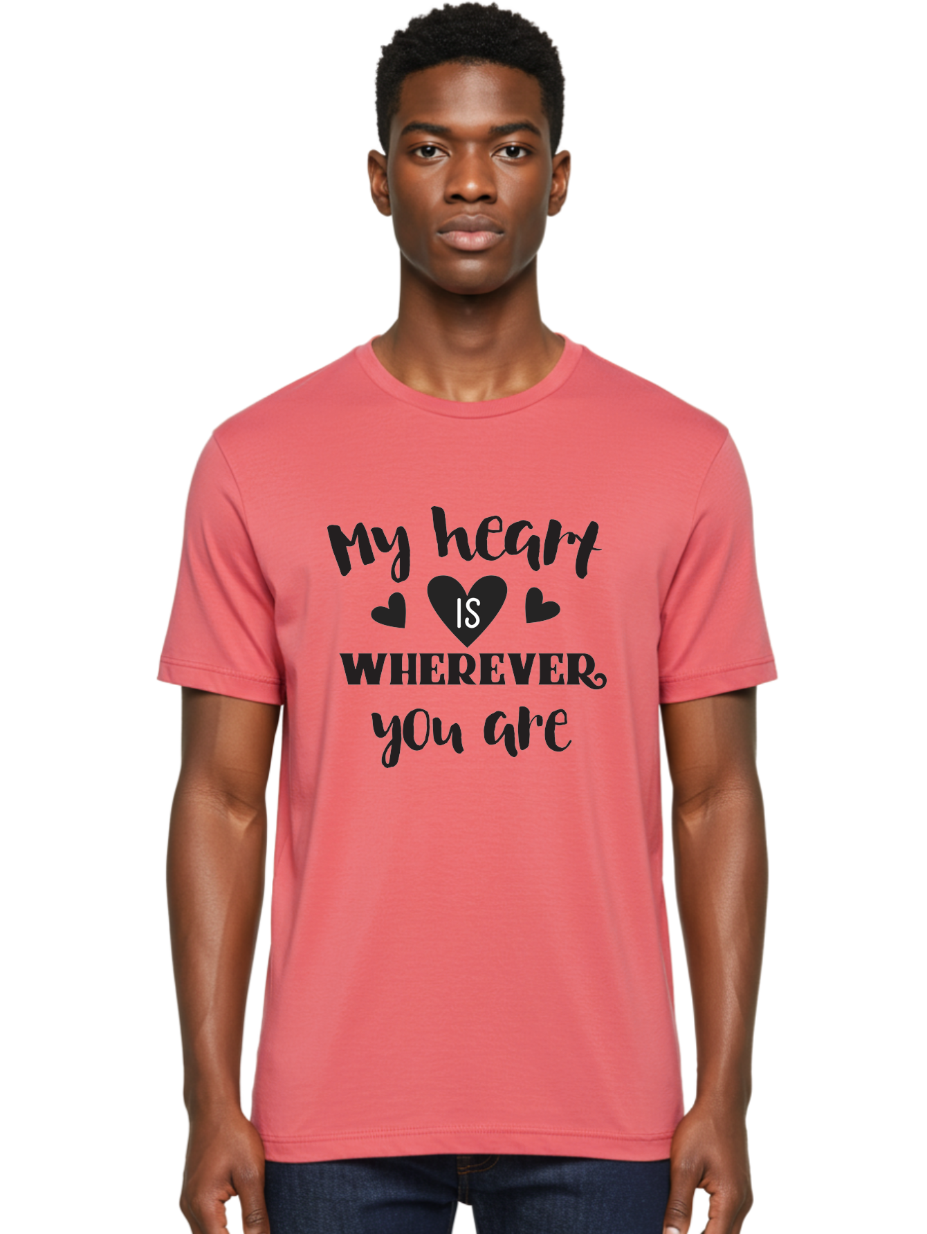 My-Heart-Is-Wherever-You-Are Men'S Graphic Tee, 100% Cotton, Comfortable Casual Summer Wear, Machine Washable, Love Quote, Heart Is Wherever You Are, Romantic Phrase, Black Hearts, Love Message, Heartfelt Sentiment, Relationship Goals, Aad039 18