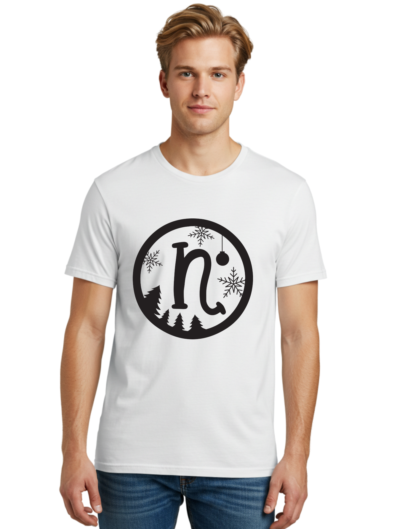 N Men'S Graphic Tee, 100% Cotton, Comfortable Casual Summer Wear, Machine Washable, Winter Wonderland, Snowflakes, Christmas Ornament, Pine Trees, Festive Decor, Holiday Theme, Winter Season Aad049 30