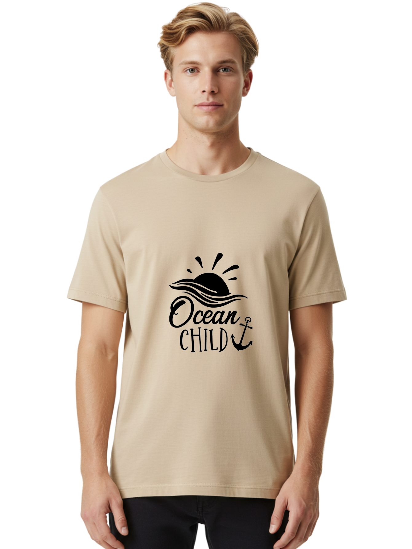 Ocean-Child Men'S Graphic Tee, 100% Cotton, Comfortable Casual Summer Wear, Machine Washable, Ocean Child, Nautical Theme, Ocean Waves, Setting Sun, Anchor Symbol, Beach Vibes, Ocean Lover Gifts, Sea Inspiration, Coastal Elements Aad062 4