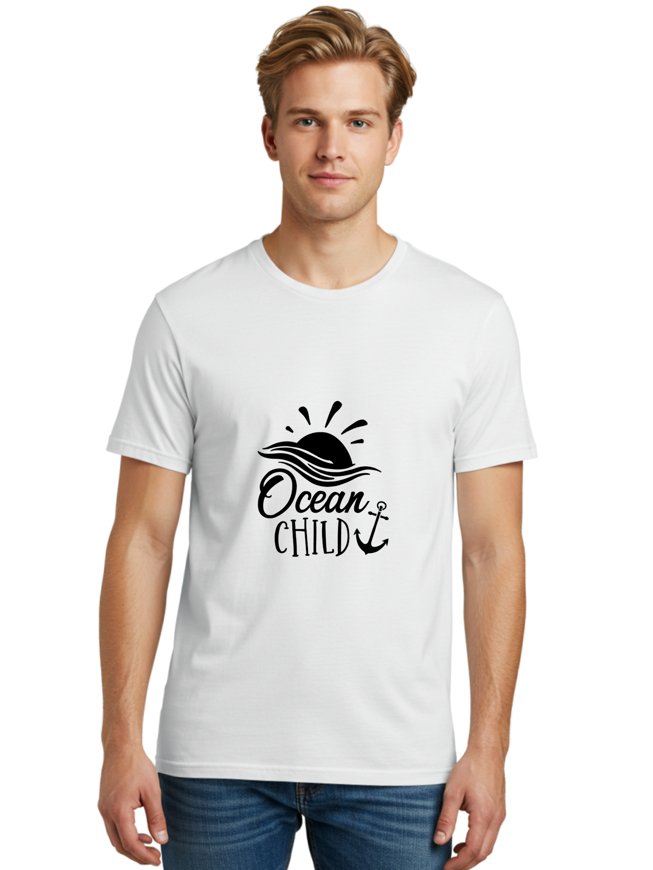 Ocean-Child Men'S Graphic Tee, 100% Cotton, Comfortable Casual Summer Wear, Machine Washable, Ocean Child, Nautical Theme, Ocean Waves, Setting Sun, Anchor Symbol, Beach Vibes, Ocean Lover Gifts, Sea Inspiration, Coastal Elements Aad062 30