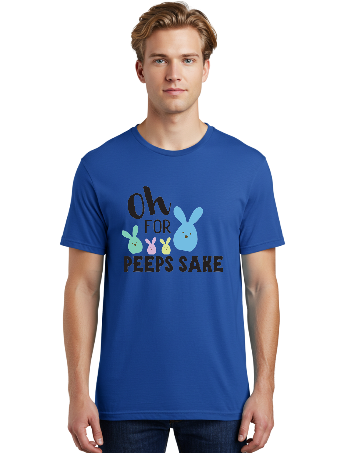 Oh-For-Peeps-Sake Men'S Graphic Tee, 100% Cotton, Comfortable Casual Summer Wear, Machine Washable, Easter Bunnies, Pastel Colors, Cute Cartoon Characters, Funny Easter Quote, Peeps Candy, Bunny Love, Easter Fun, Spring Vibes Aad067 24