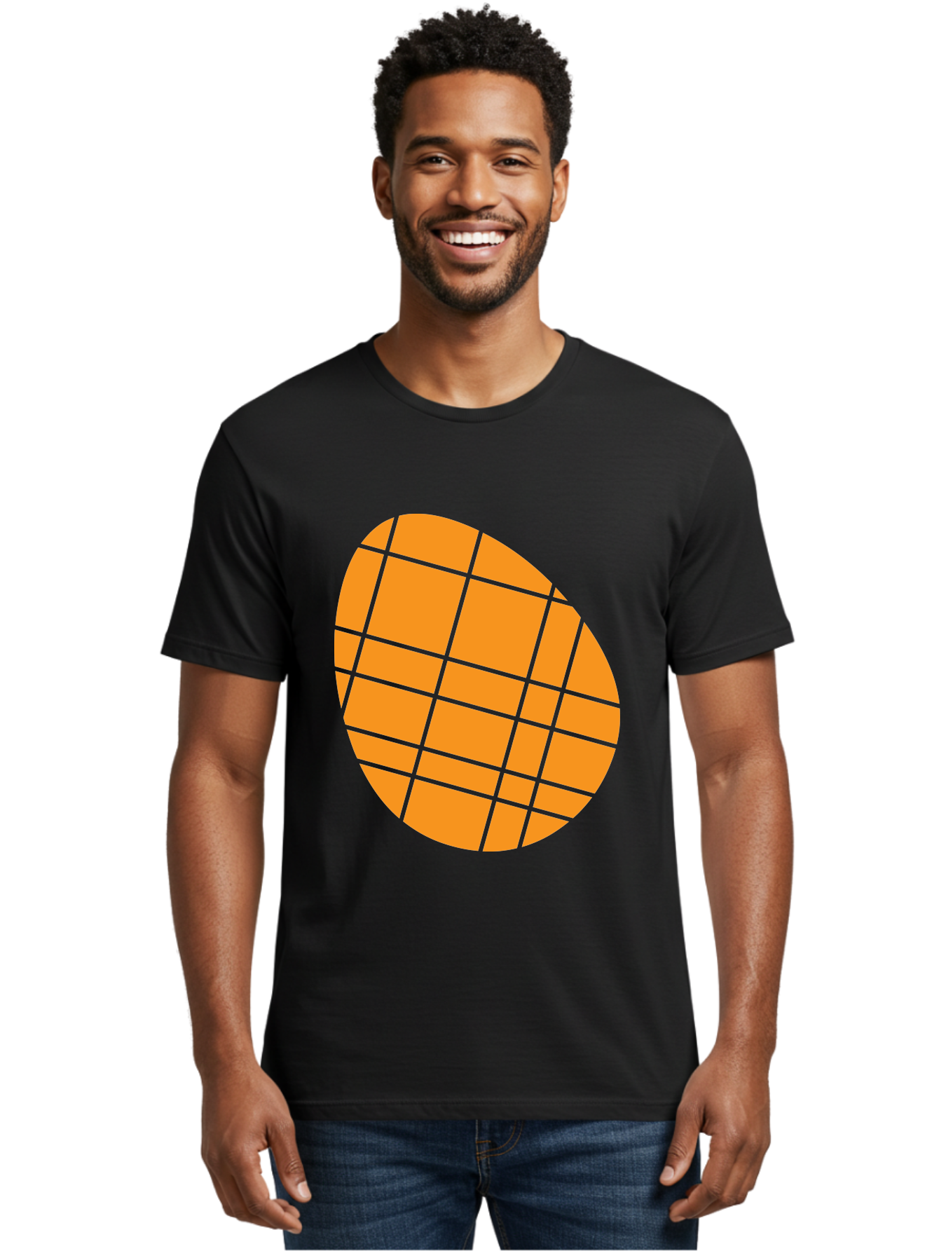 Orange-Grid-Circle Men'S Graphic Tee, 100% Cotton, Comfortable Casual Summer Wear, Machine Washable, Orange Circle, Grid Pattern, Neon Green Grid, Abstract Design, Modern Art, Geometric Shape Aad073 30