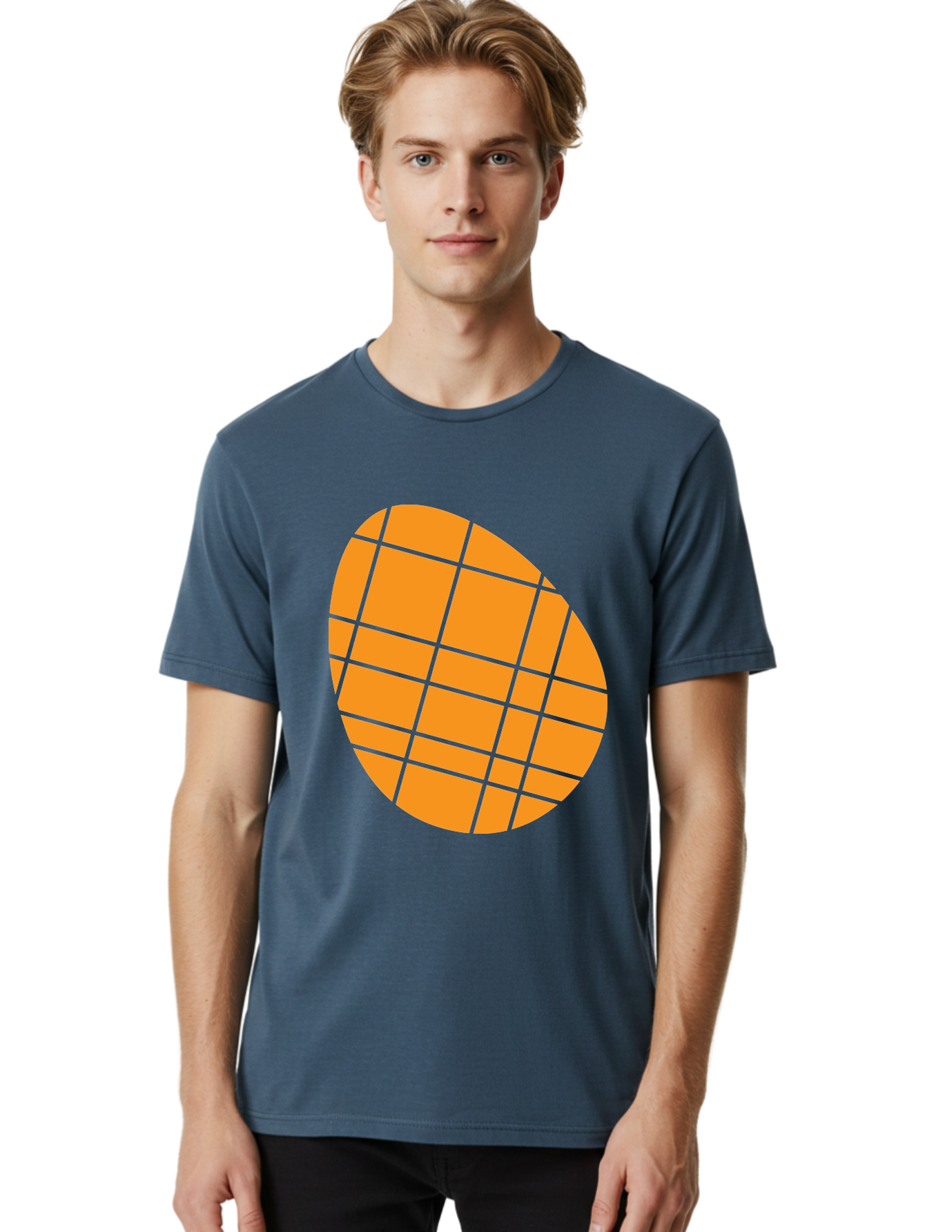 Orange-Grid-Circle Men'S Graphic Tee, 100% Cotton, Comfortable Casual Summer Wear, Machine Washable, Orange Circle, Grid Pattern, Neon Green Grid, Abstract Design, Modern Art, Geometric Shape Aad073 28