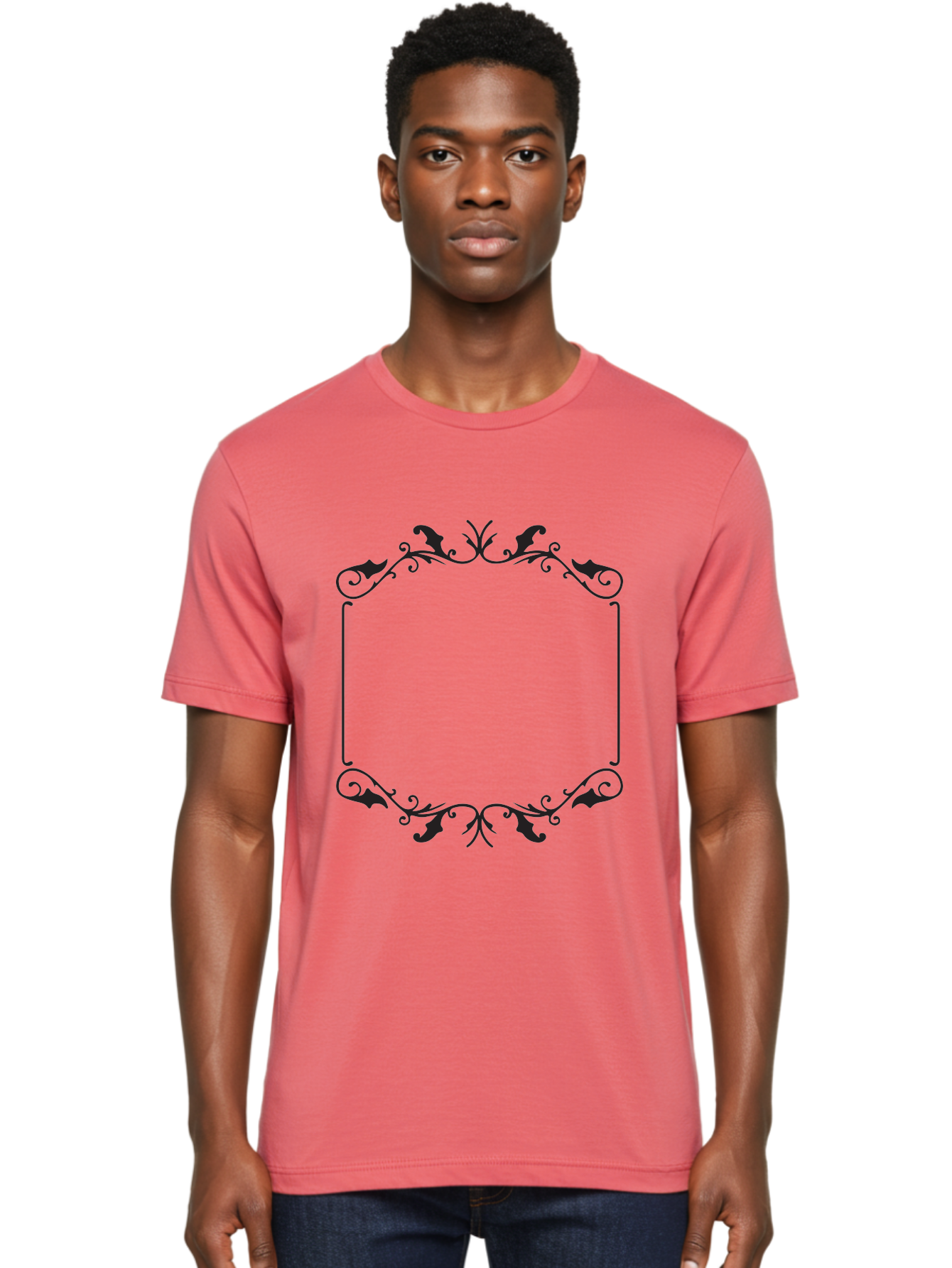 Ornate-Frame Men'S Graphic Tee, 100% Cotton, Comfortable Casual Summer Wear, Machine Washable, Floral Frame, Black Frame, Decorative Border, Elegant Design, Symmetrical, Ornate Details, Vintage Style, Classic Pattern Aad078 6