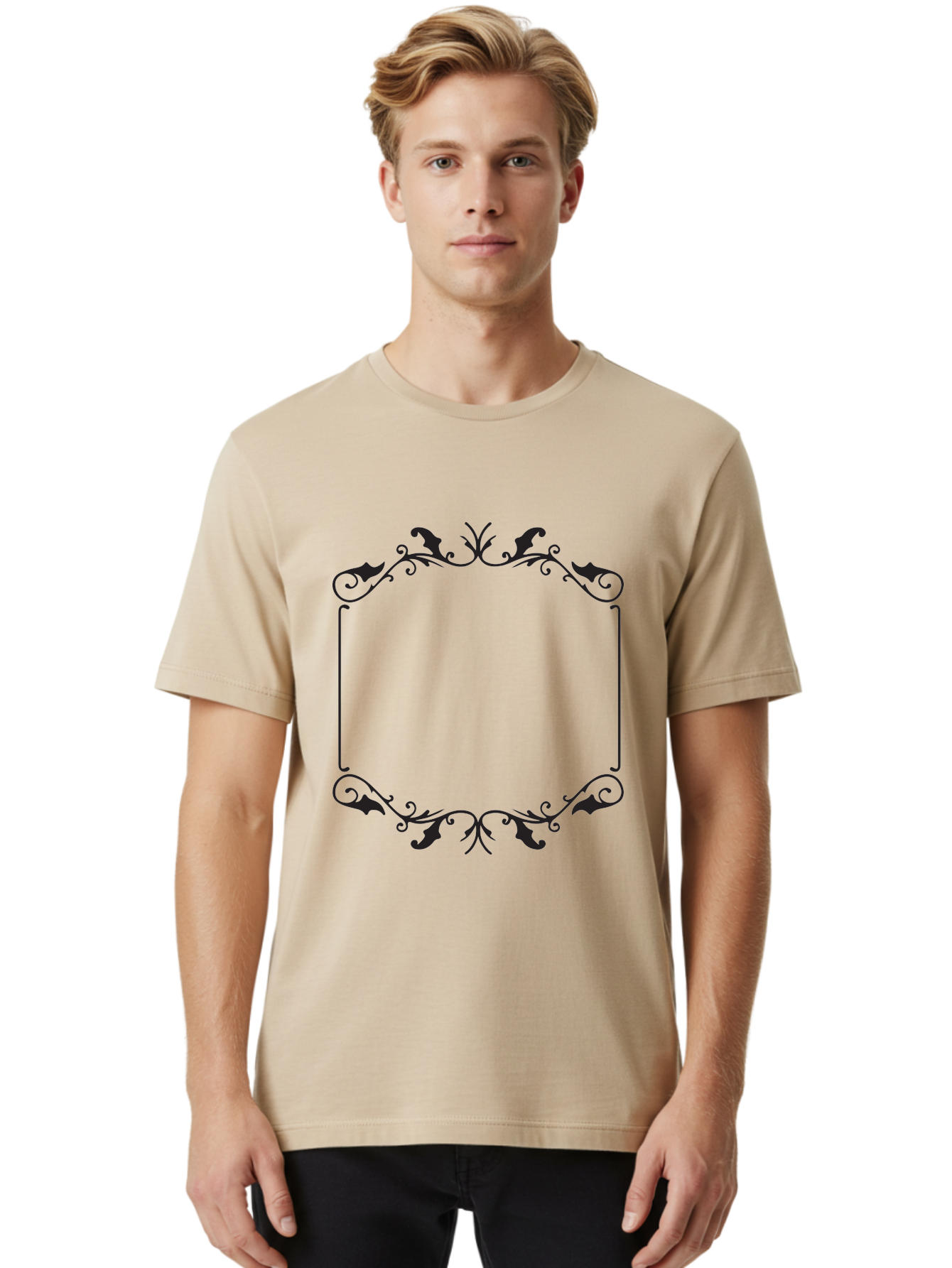 Ornate-Frame Men'S Graphic Tee, 100% Cotton, Comfortable Casual Summer Wear, Machine Washable, Floral Frame, Black Frame, Decorative Border, Elegant Design, Symmetrical, Ornate Details, Vintage Style, Classic Pattern Aad078 28