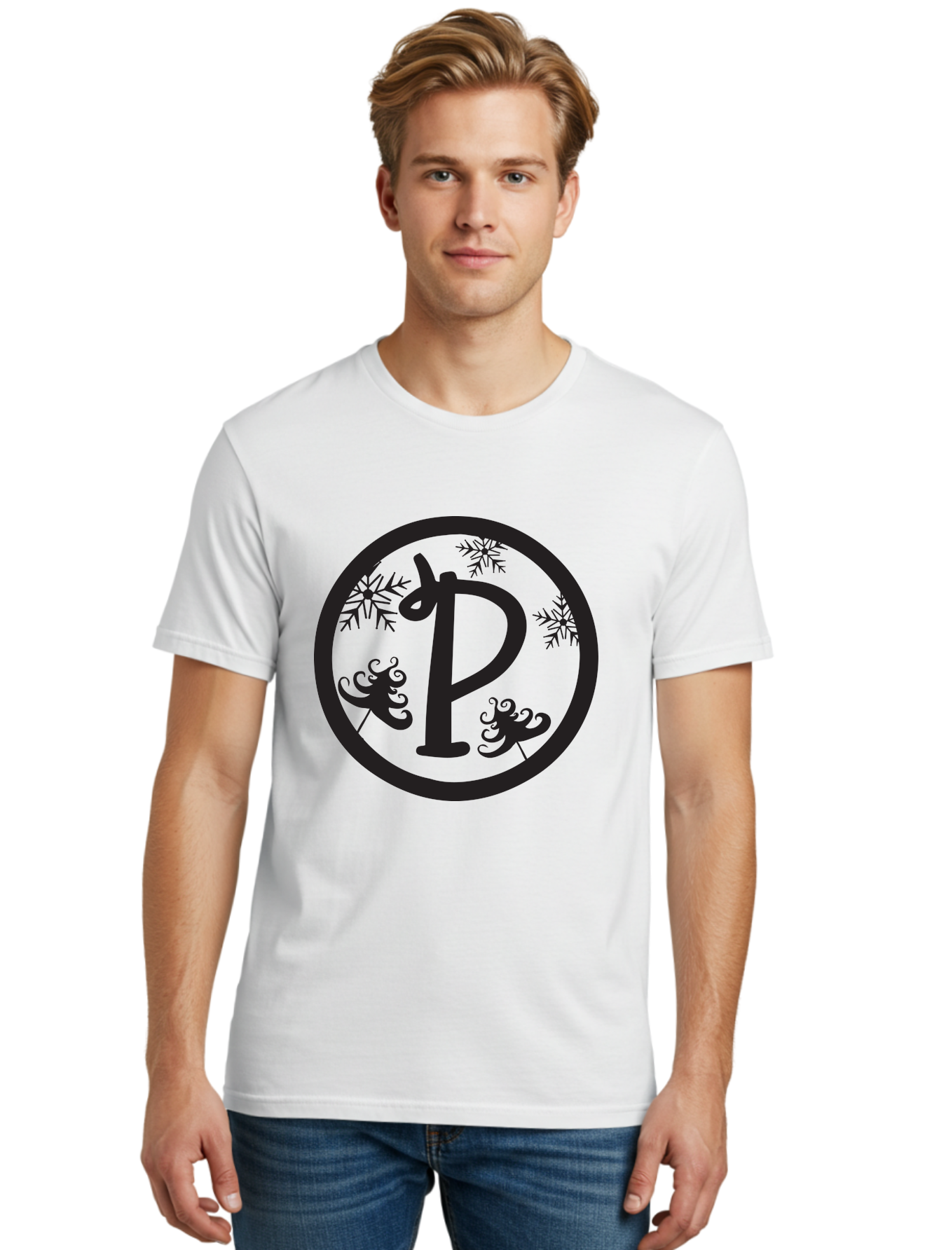 P Men'S Graphic Tee, 100% Cotton, Comfortable Casual Summer Wear, Machine Washable, Winter Wonderland, Festive Decorations, Christmas Trees, Snowflakes, Holiday Season, Elegant Typography, Black Silhouette, Decorative Elements Aad082 30