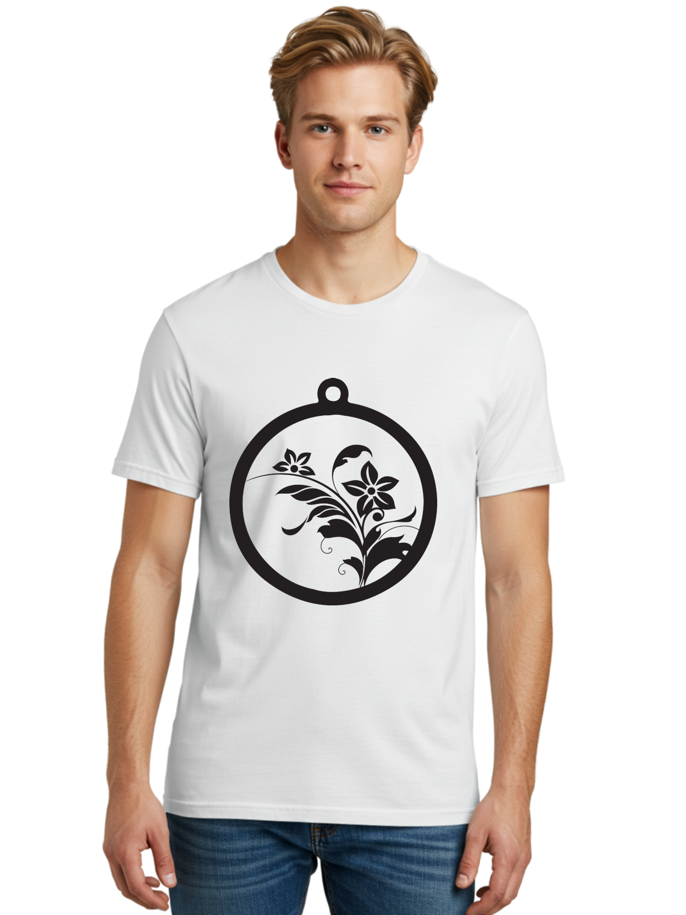Pendant-With-Flowers Men'S Graphic Tee, 100% Cotton, Comfortable Casual Summer Wear, Machine Washable, Floral Design, Pendant Shape, Circular Frame, Black Silhouette, Stylized Flowers, Leaves, Botanical Art, Jewelry Inspiration, Aad086 10