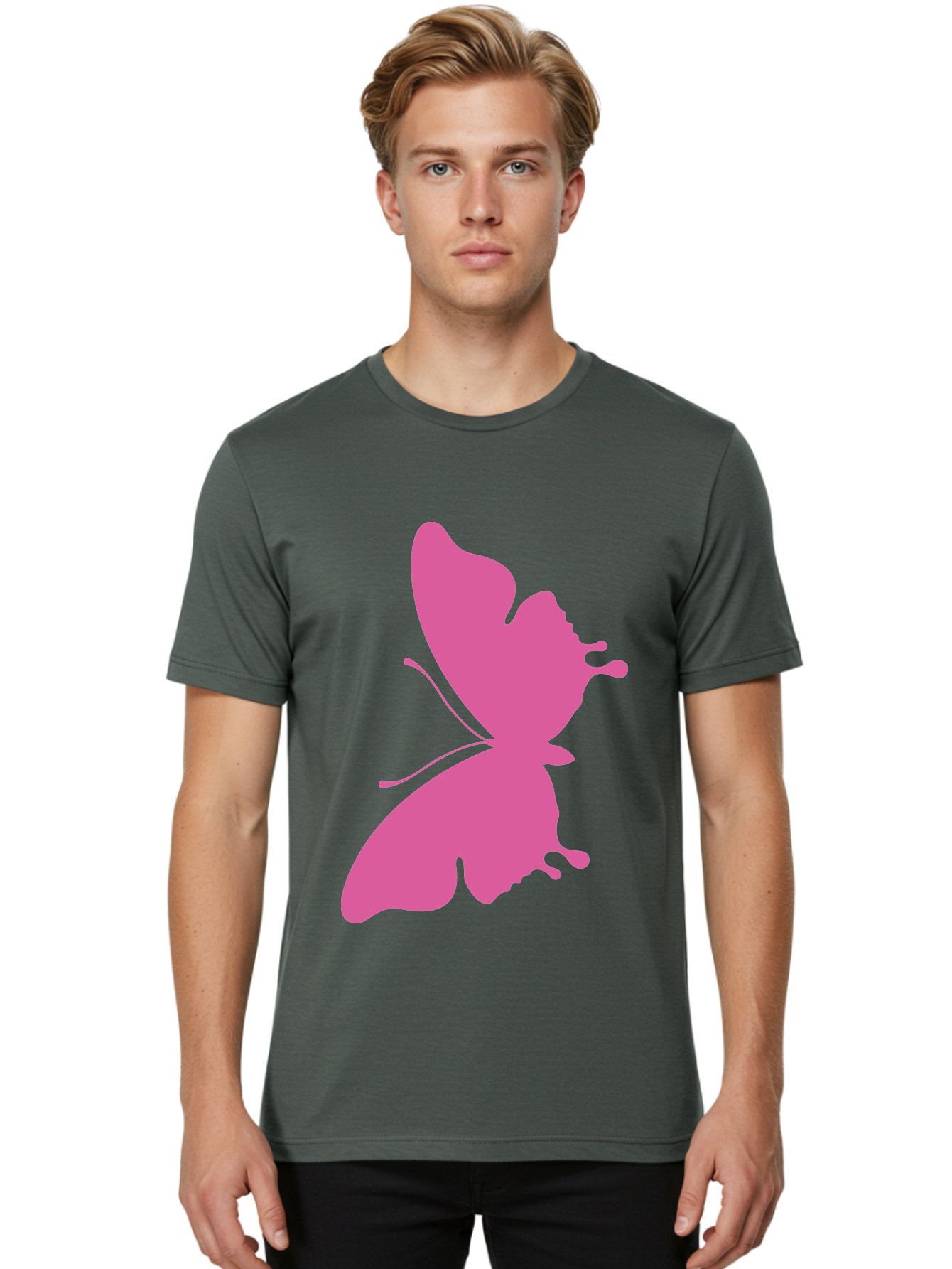 Pink-Butterfly Men'S Graphic Tee, 100% Cotton, Comfortable Casual Summer Wear, Machine Washable, Butterfly Silhouette, Pink Butterfly, Abstract Butterfly, Delicate Wings, Minimalist Design, Vibrant Pink Color, Bold Silhouette, Aad090 10