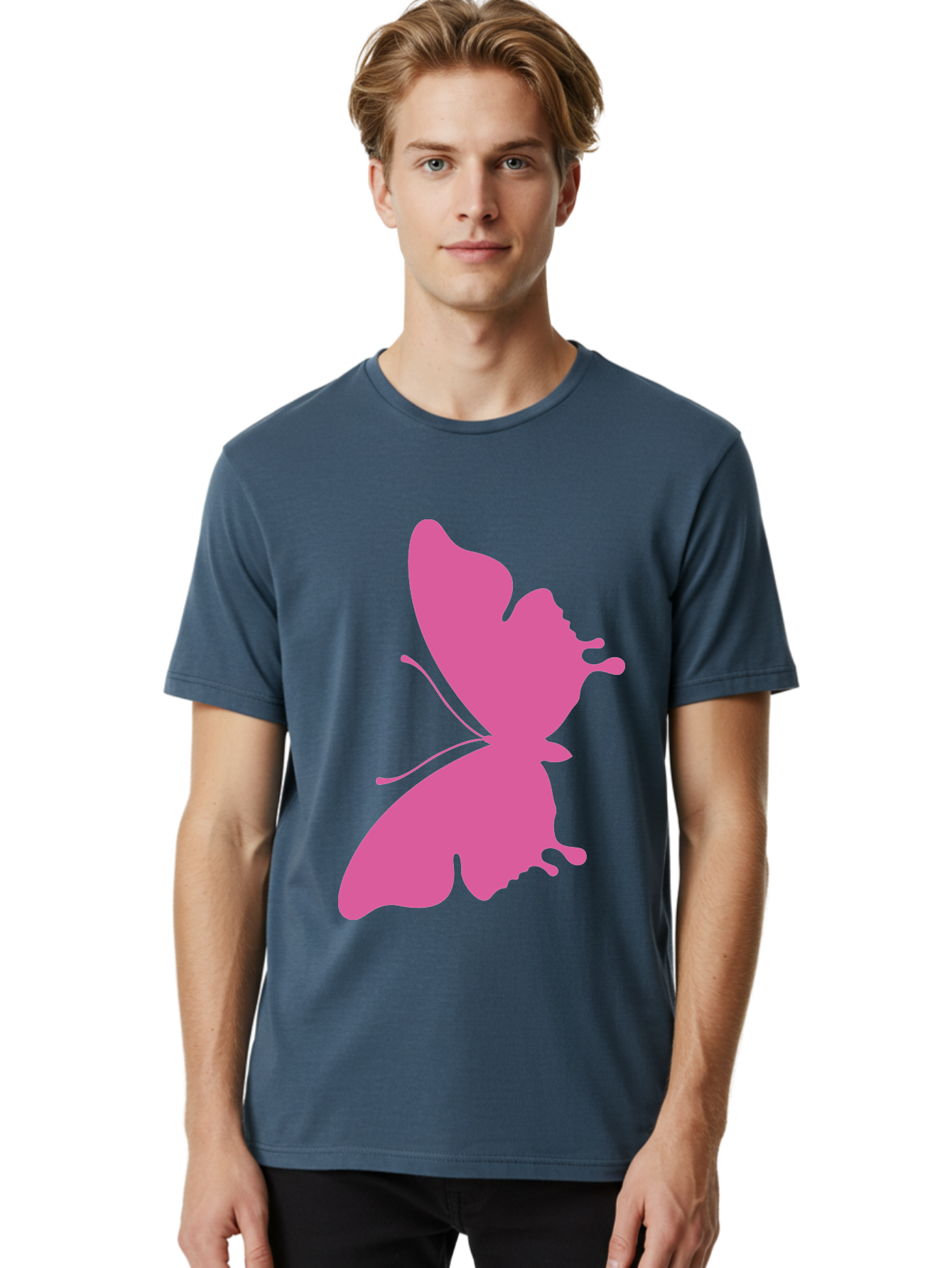 Pink-Butterfly Men'S Graphic Tee, 100% Cotton, Comfortable Casual Summer Wear, Machine Washable, Butterfly Silhouette, Pink Butterfly, Abstract Butterfly, Delicate Wings, Minimalist Design, Vibrant Pink Color, Bold Silhouette, Aad090 2